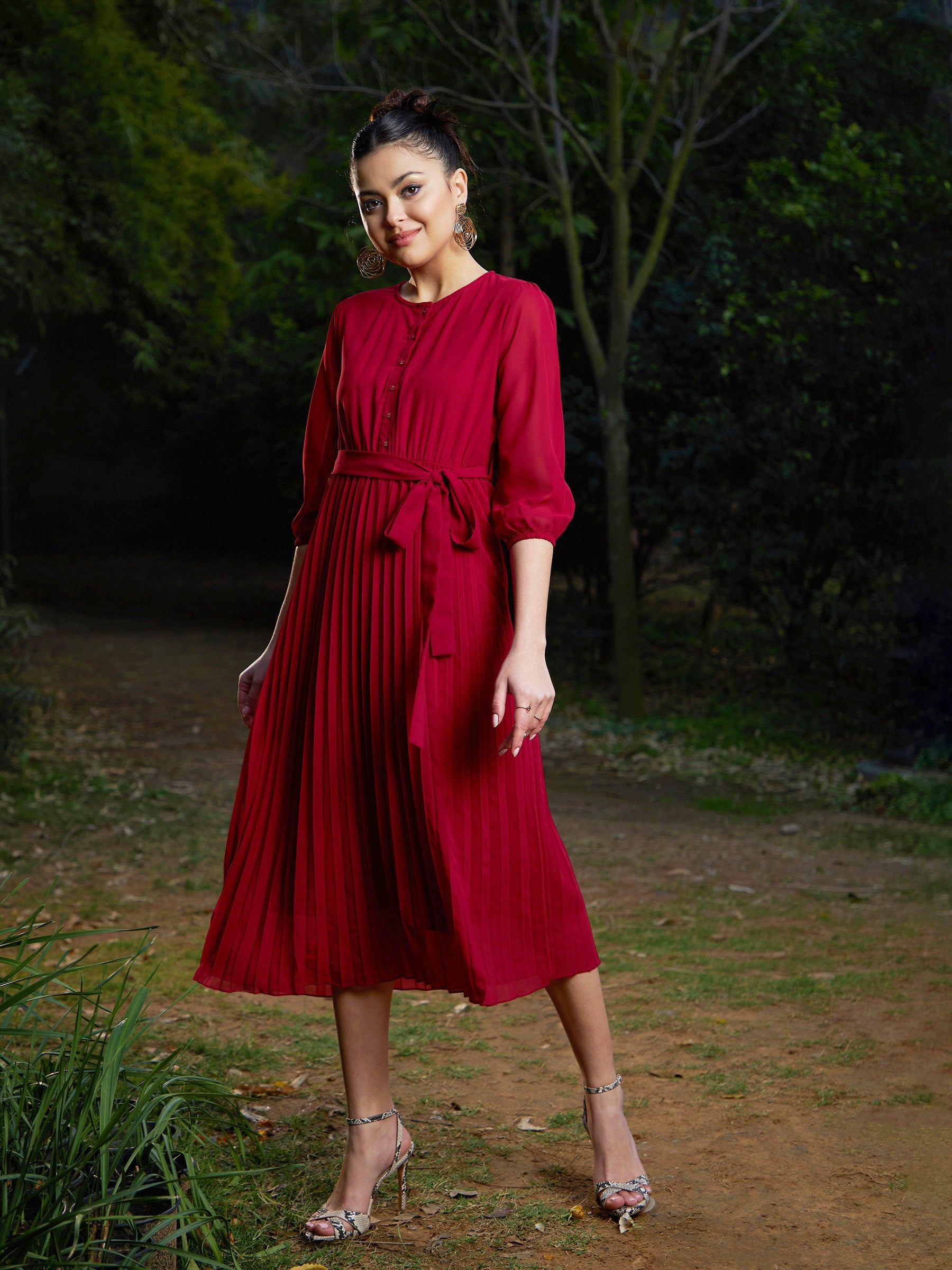 Maroon Accordion Pleated Belted Midi Dress-SASSAFRAS