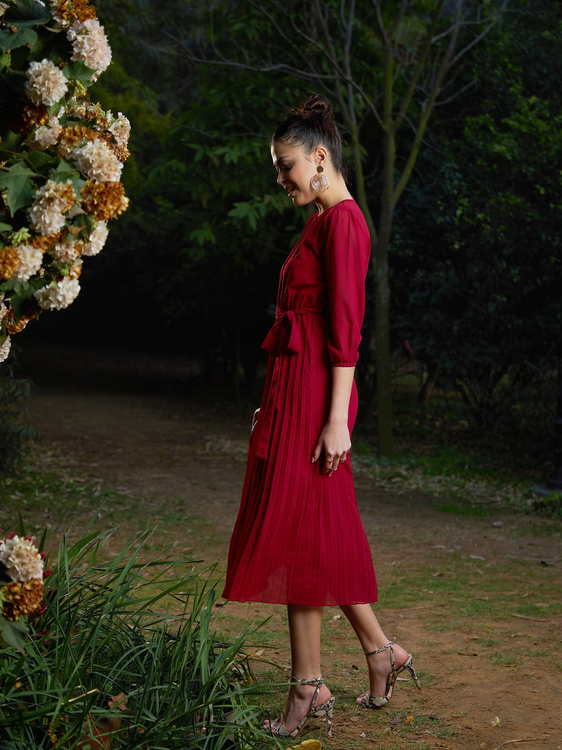 Maroon Accordion Pleated Belted Midi Dress-SASSAFRAS