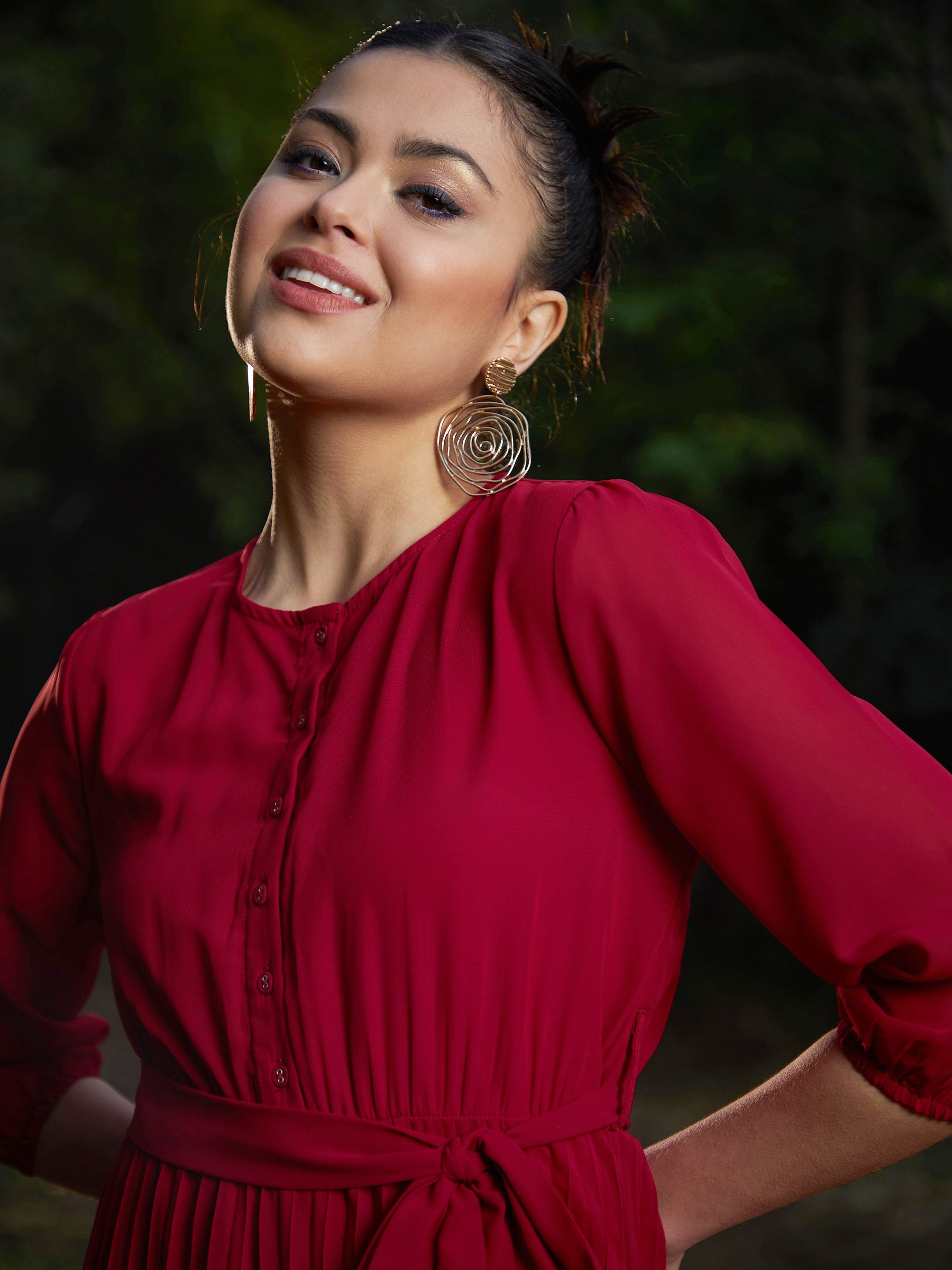 Maroon Accordion Pleated Belted Midi Dress-SASSAFRAS