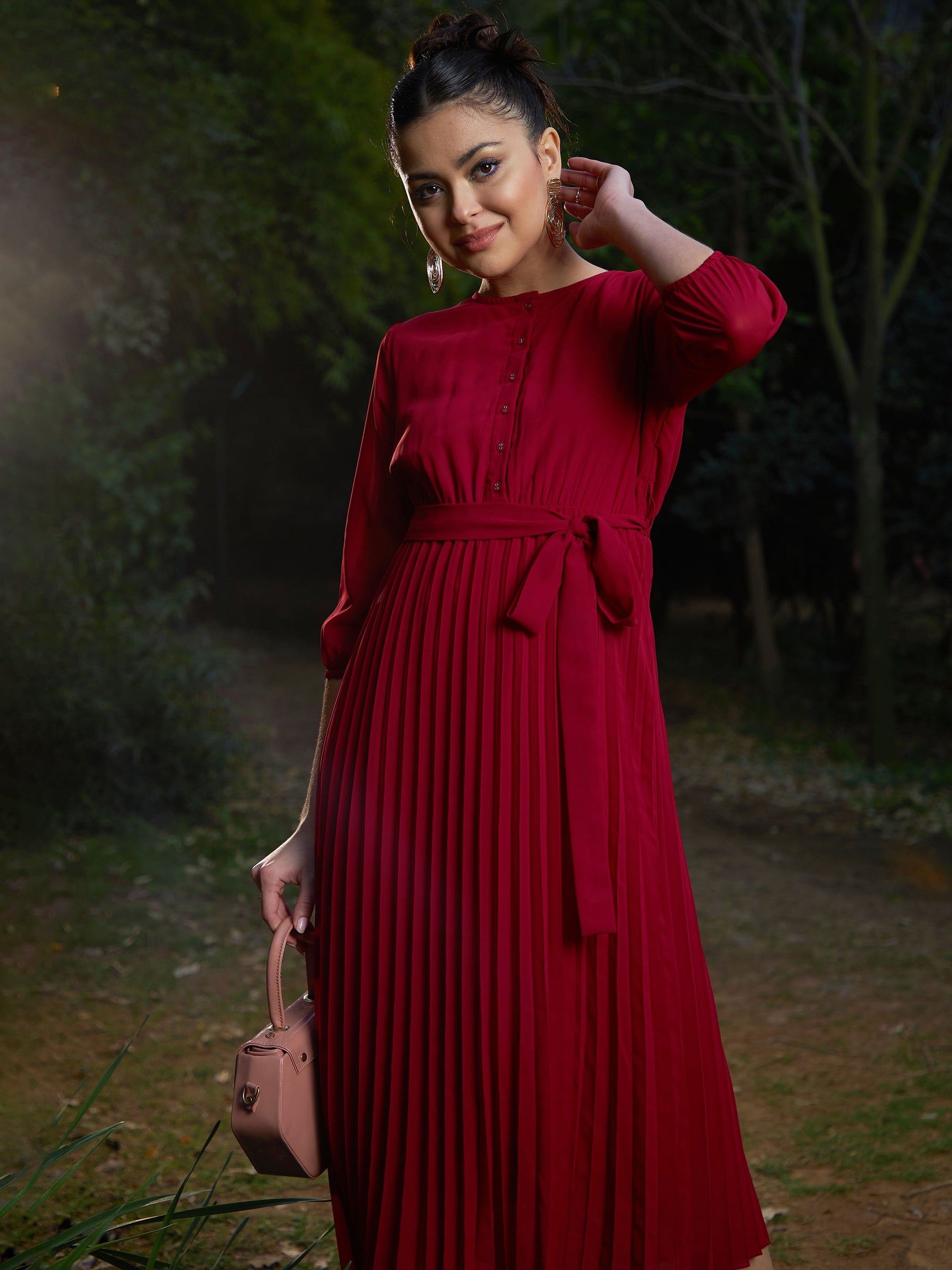 Maroon Accordion Pleated Belted Midi Dress-SASSAFRAS