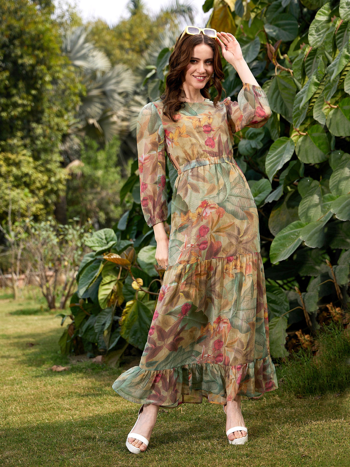 Green Jungle Print Waist Cut Out Maxi Dress-SASSAFRAS