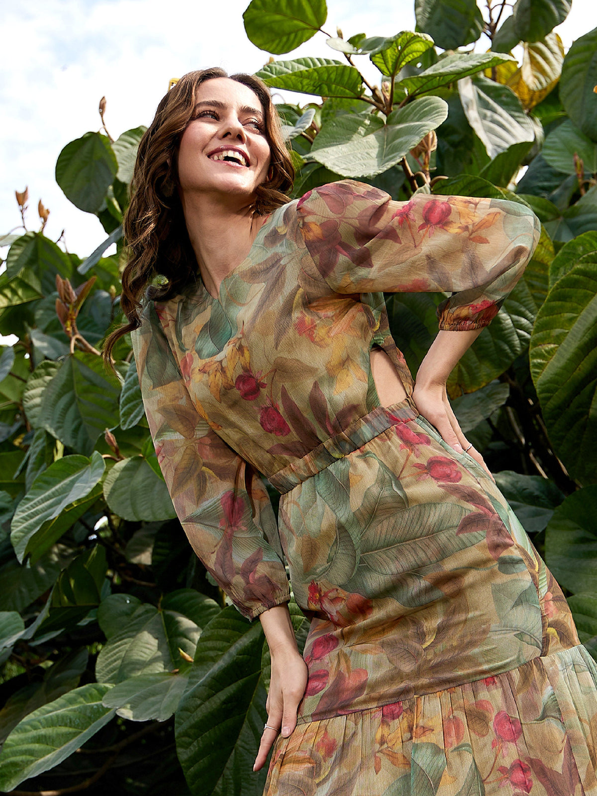 Green Jungle Print Waist Cut Out Maxi Dress-SASSAFRAS