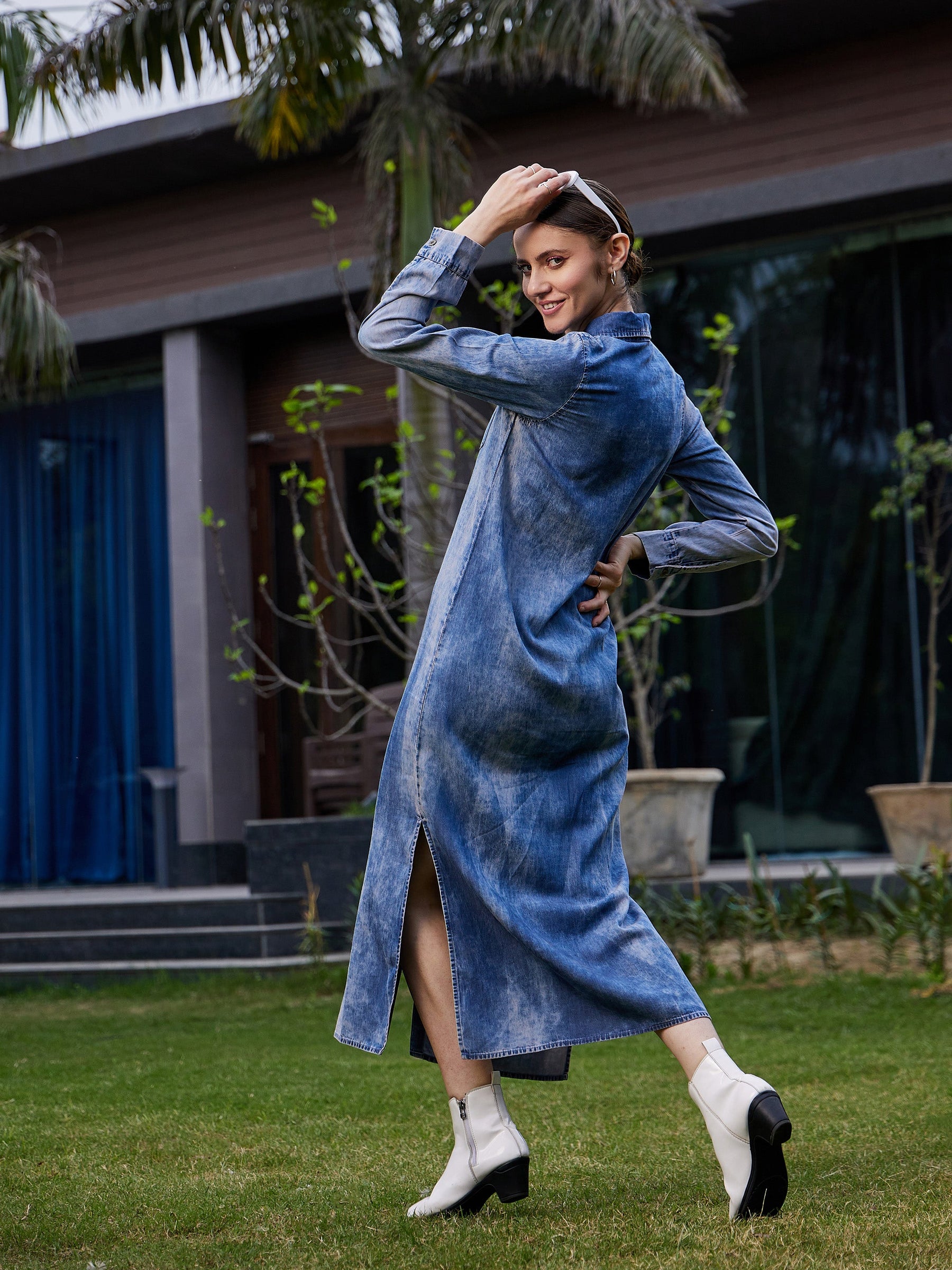 Blue Acid Wash Tencel Maxi Shirt Dress-SASSAFRAS