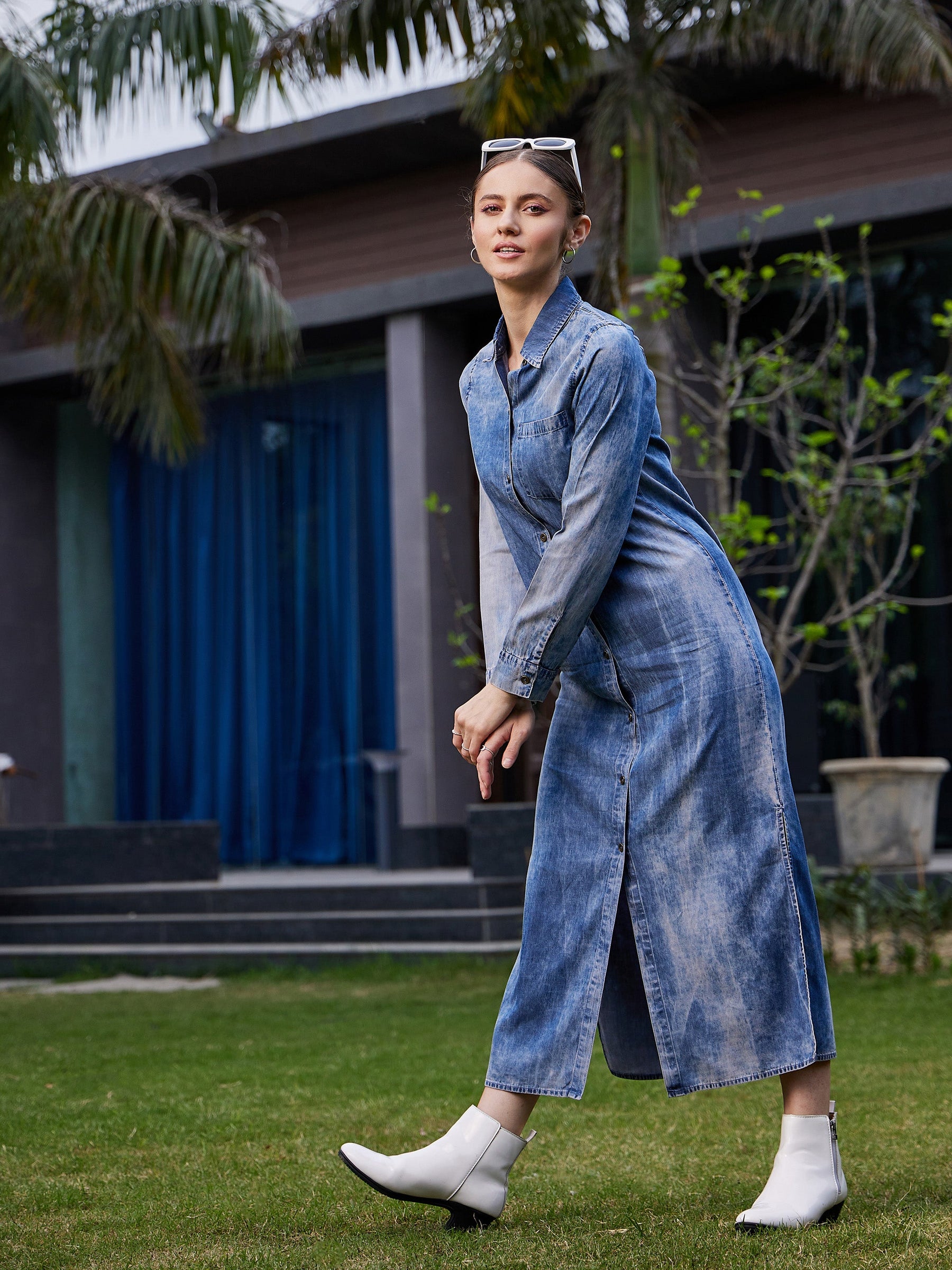 Blue Acid Wash Tencel Maxi Shirt Dress-SASSAFRAS