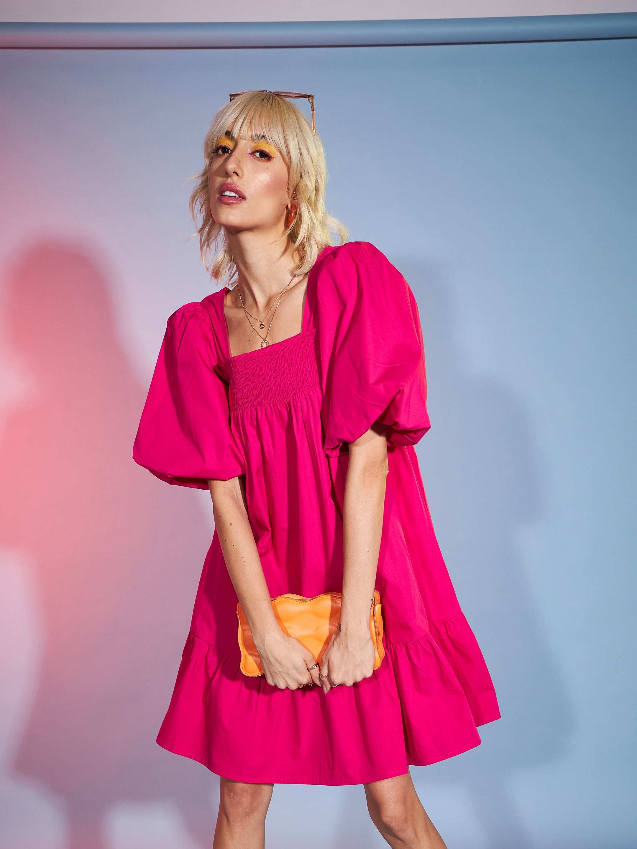 Buy Women Pink Puff Sleeves Short Tiered Dress Online at Best