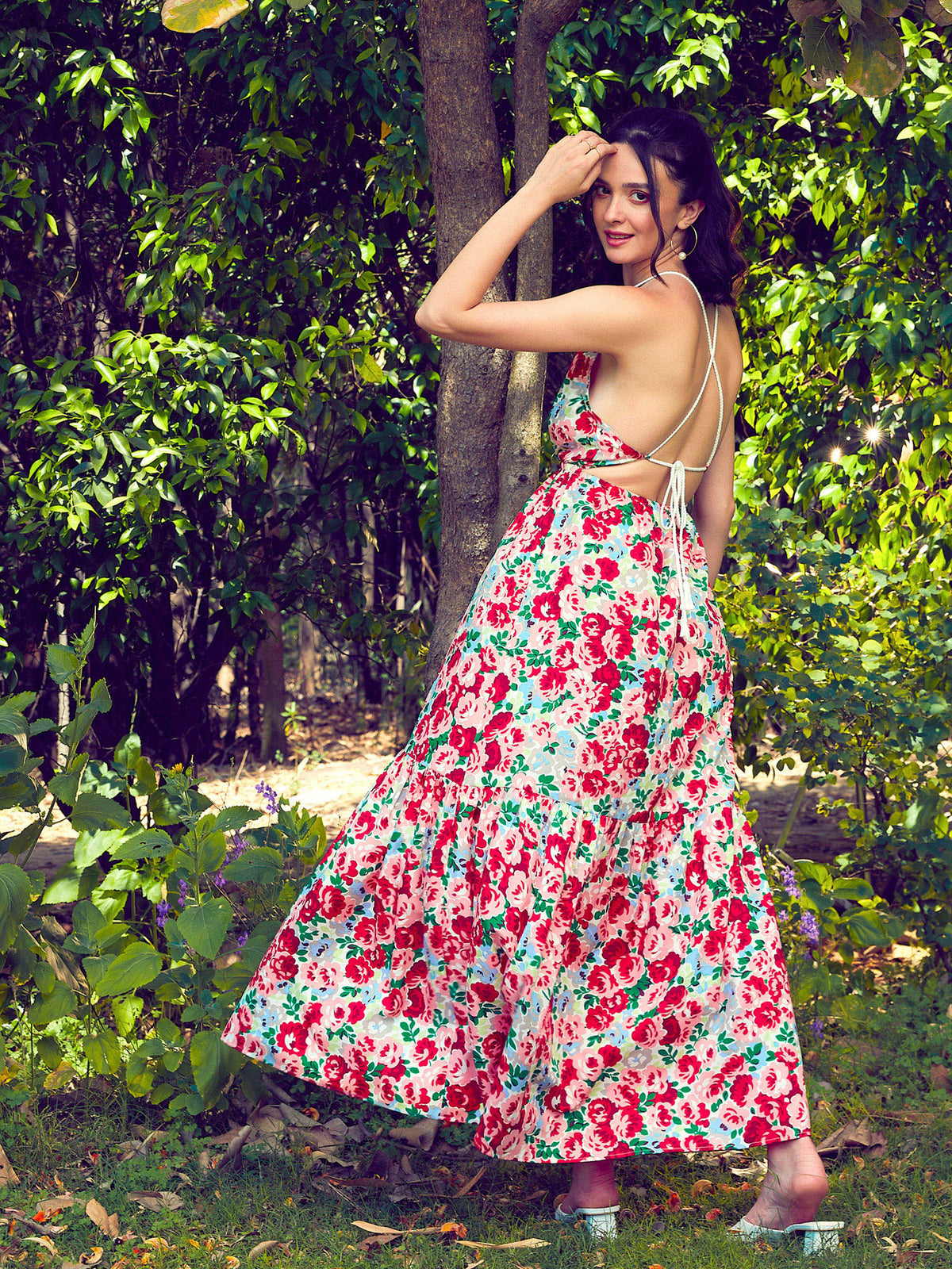 Red Floral Backless Maxi Dress-SASSAFRAS