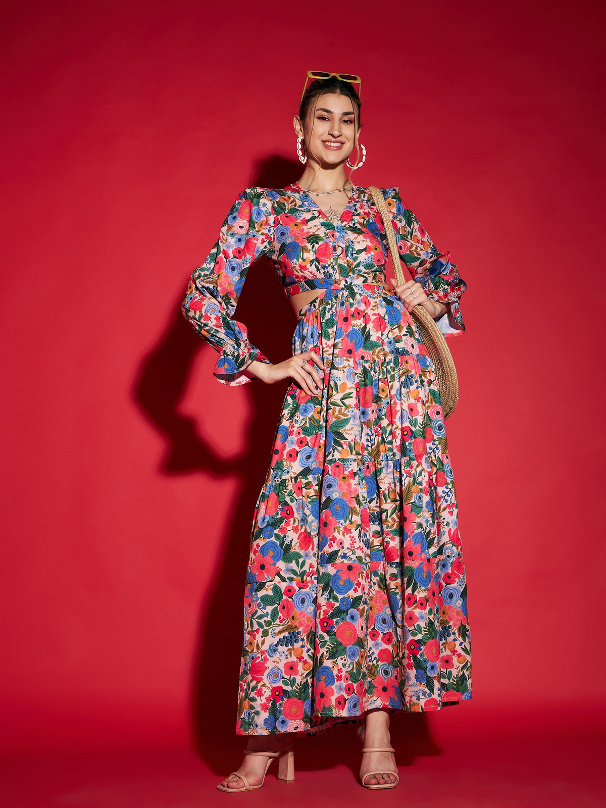 Multi Floral Waist Cut-Out Maxi Dress-SASSAFRAS