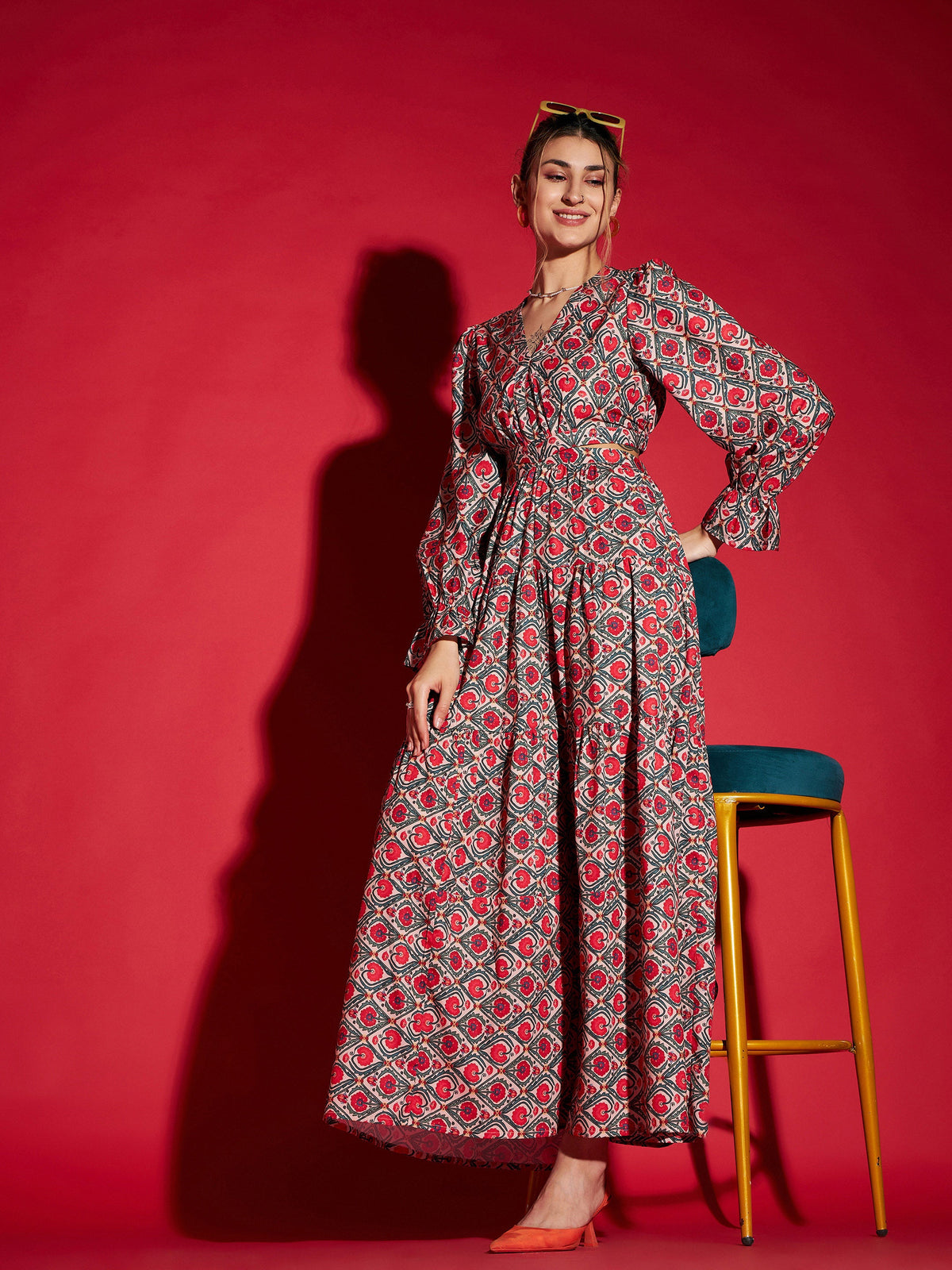 Red Ethnic Motif Waist Cut-Out Maxi Dress-SASSAFRAS