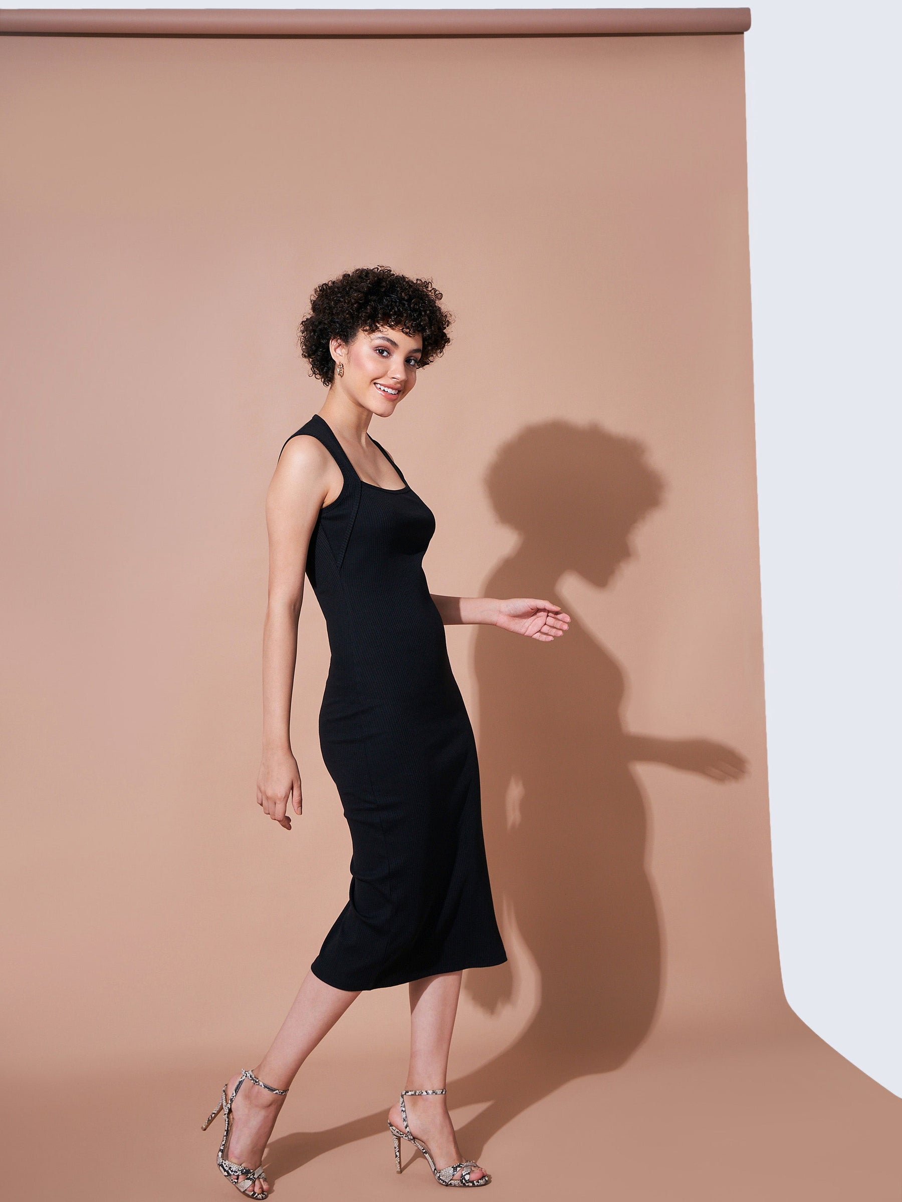 Black Rib Side Slit Bodycon Dress-SASSAFRAS BASICS