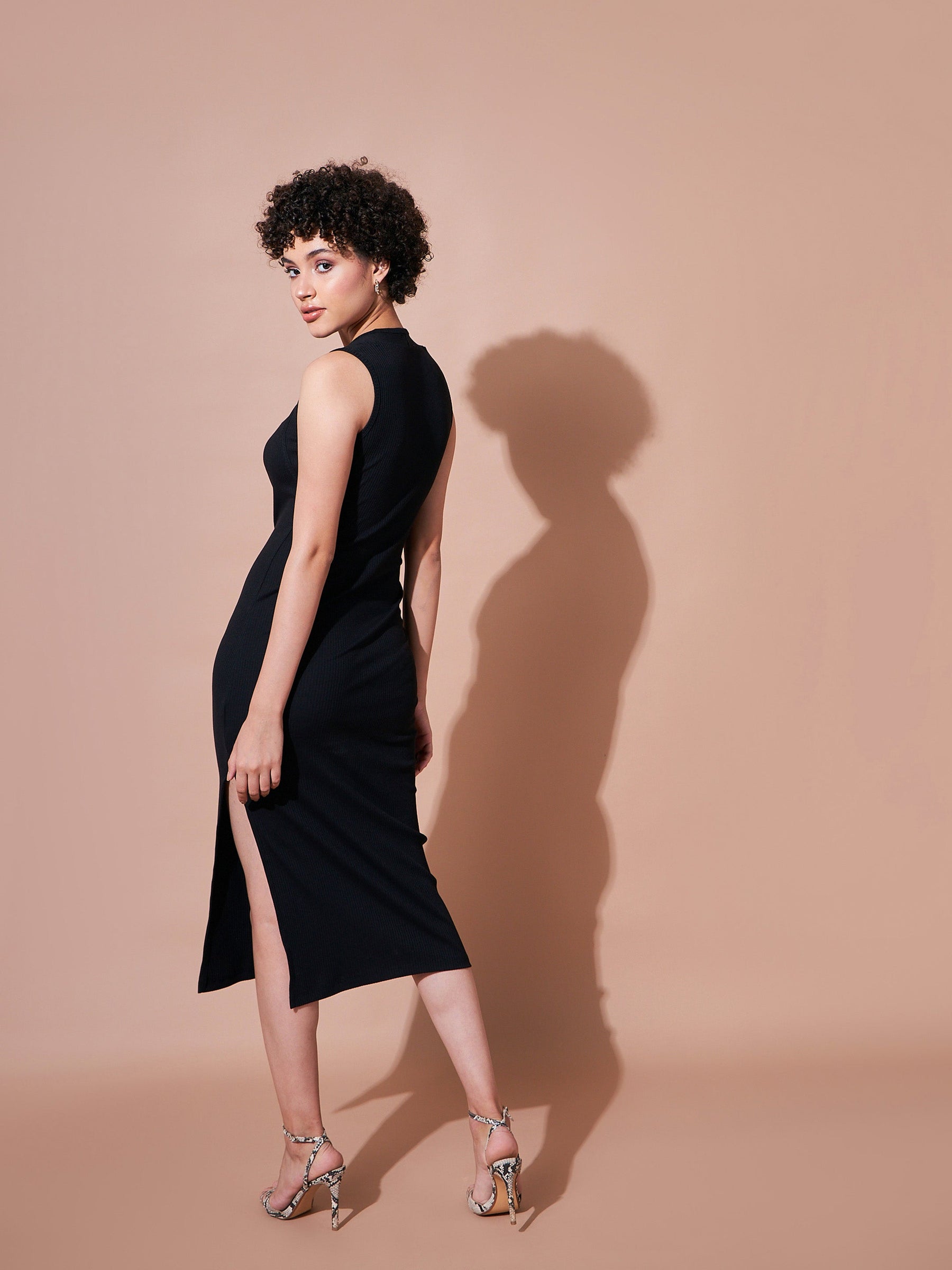 Black Rib Side Slit Bodycon Dress-SASSAFRAS BASICS