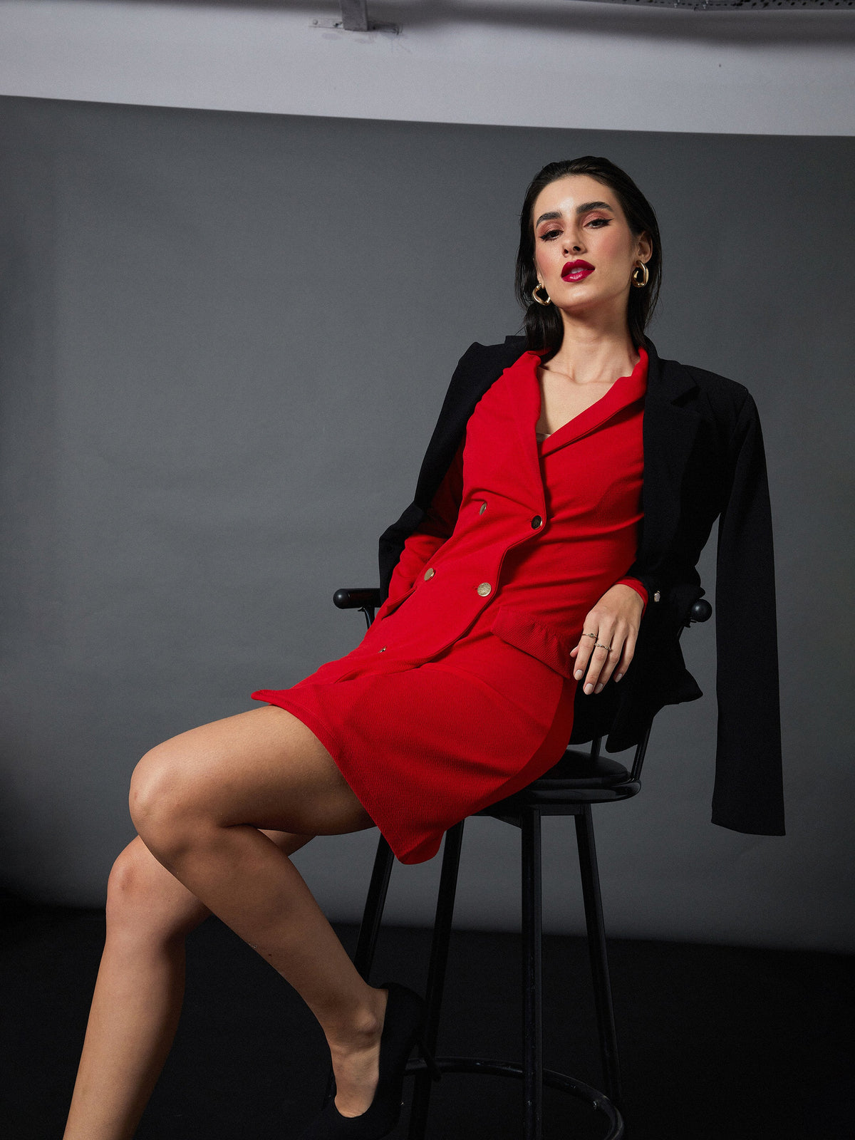 Red Double Breasted Blazer Dress-SASSAFRAS worklyf