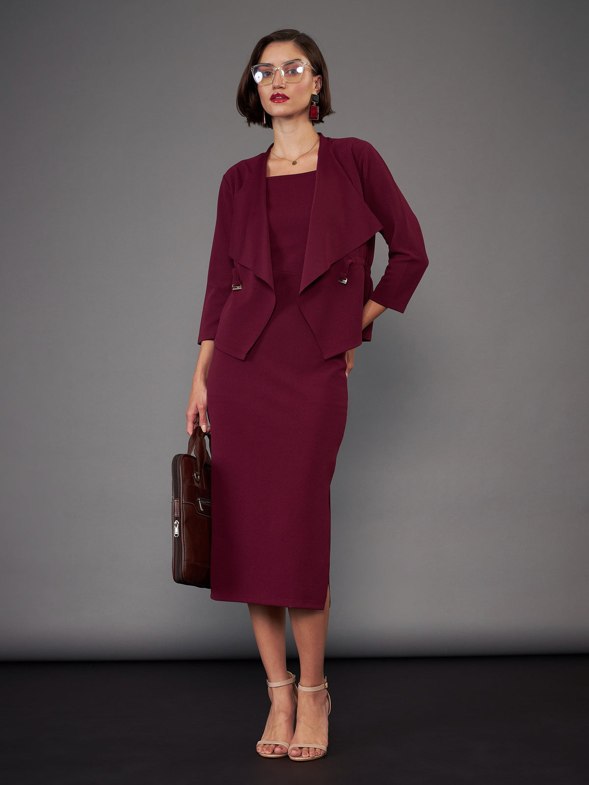 Burgundy Strappy Bodycon Dress With Crop Shrug-SASSAFRAS worklyf