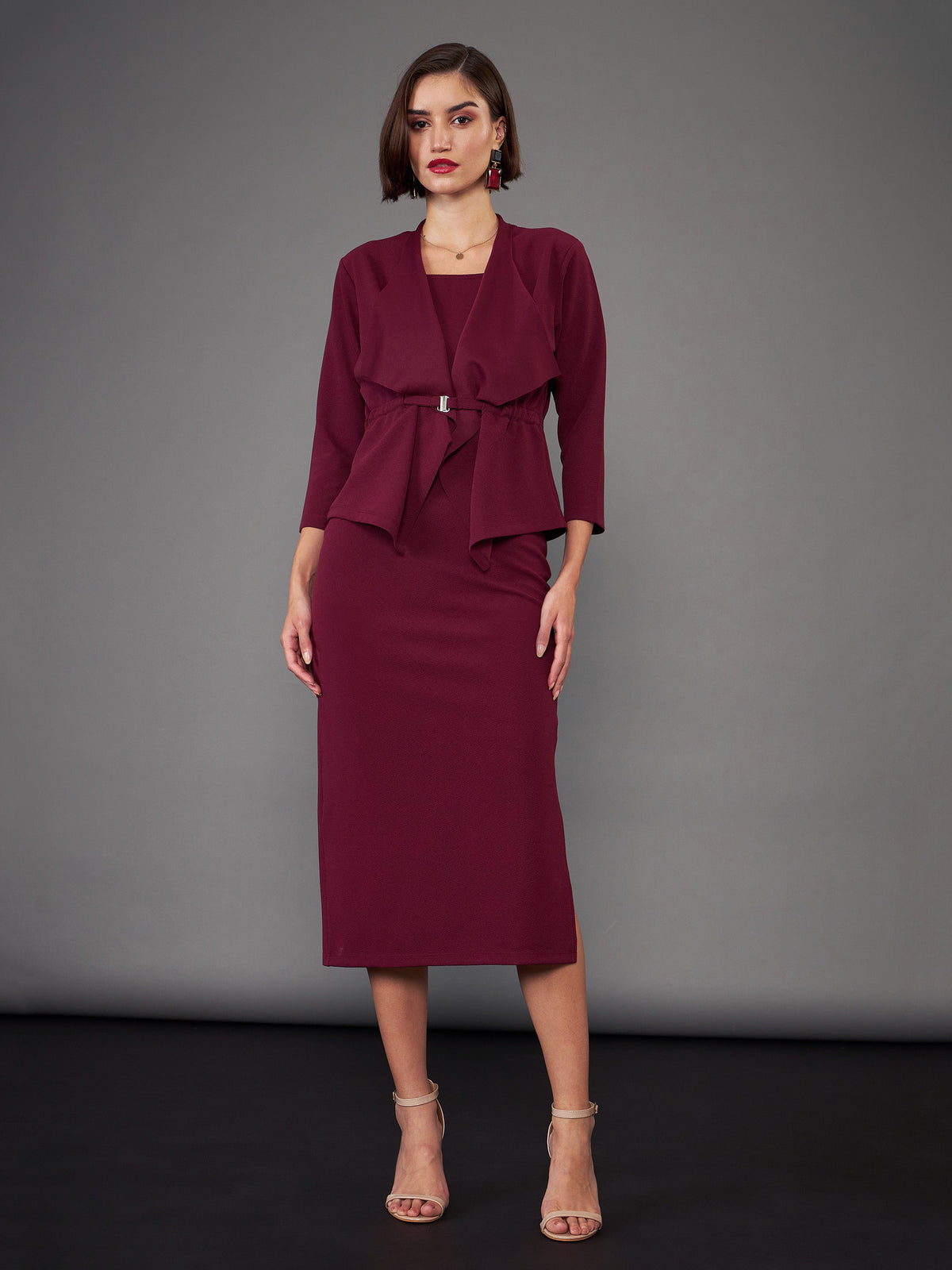 Burgundy Strappy Bodycon Dress With Crop Shrug-SASSAFRAS worklyf