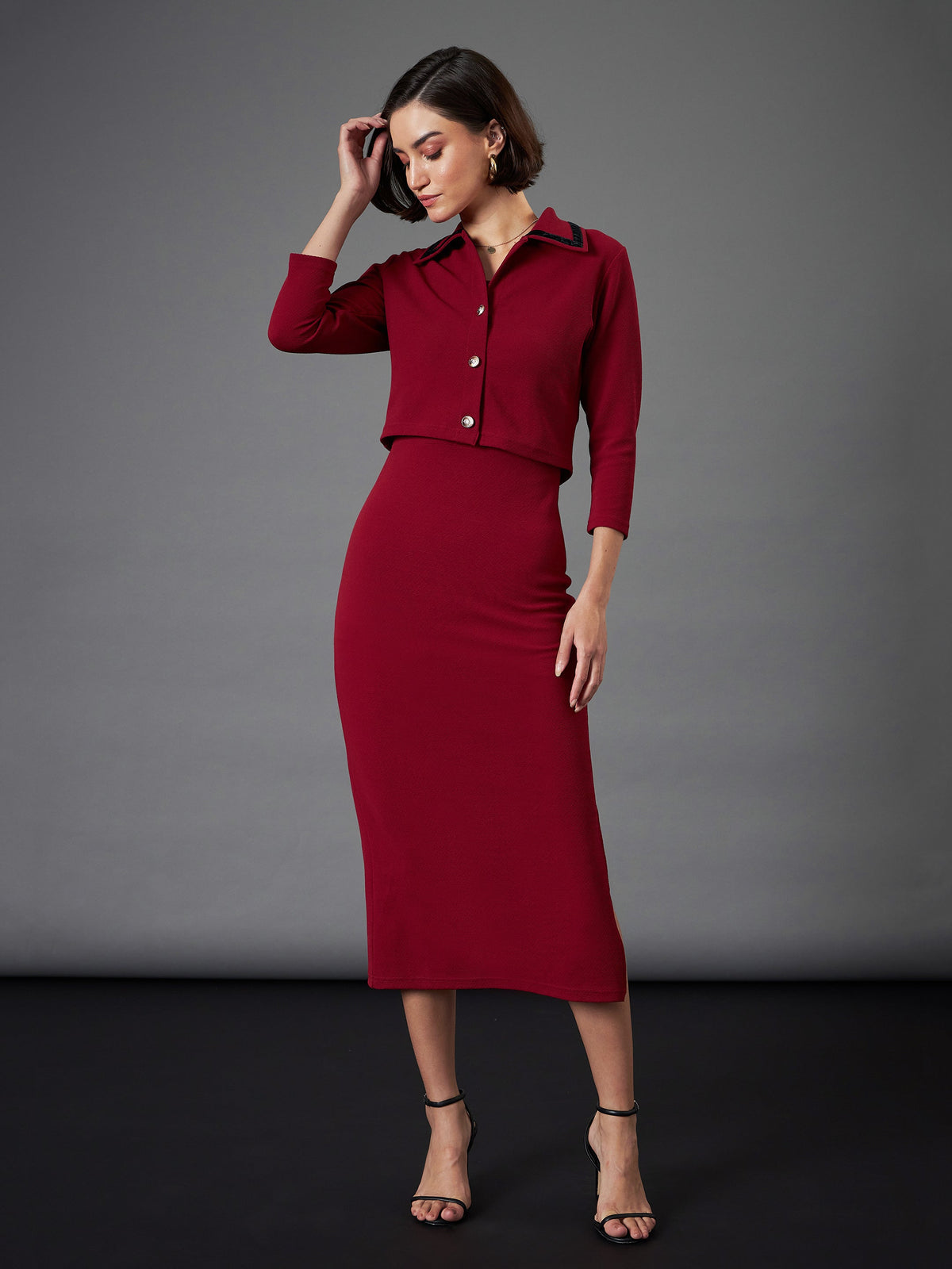 Maroon Strappy Bodycon Dress With Crop Jacket-SASSAFRAS worklyf