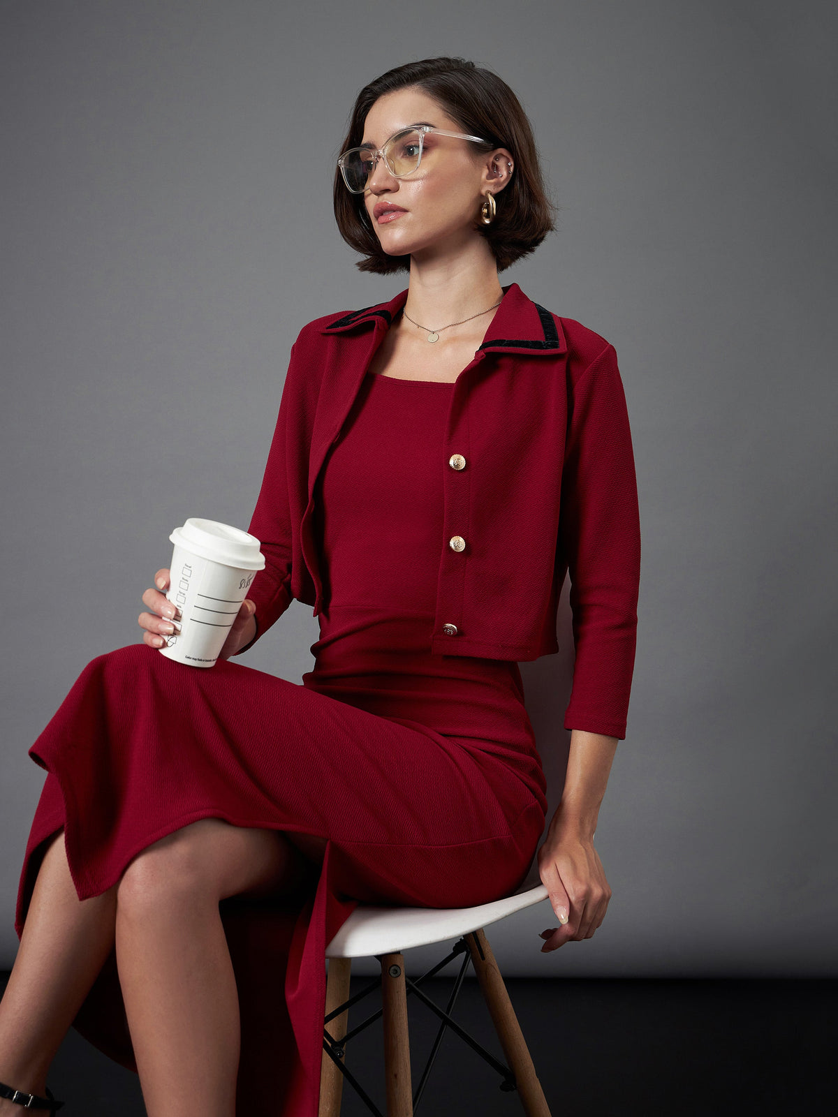 Maroon Strappy Bodycon Dress With Crop Jacket-SASSAFRAS worklyf