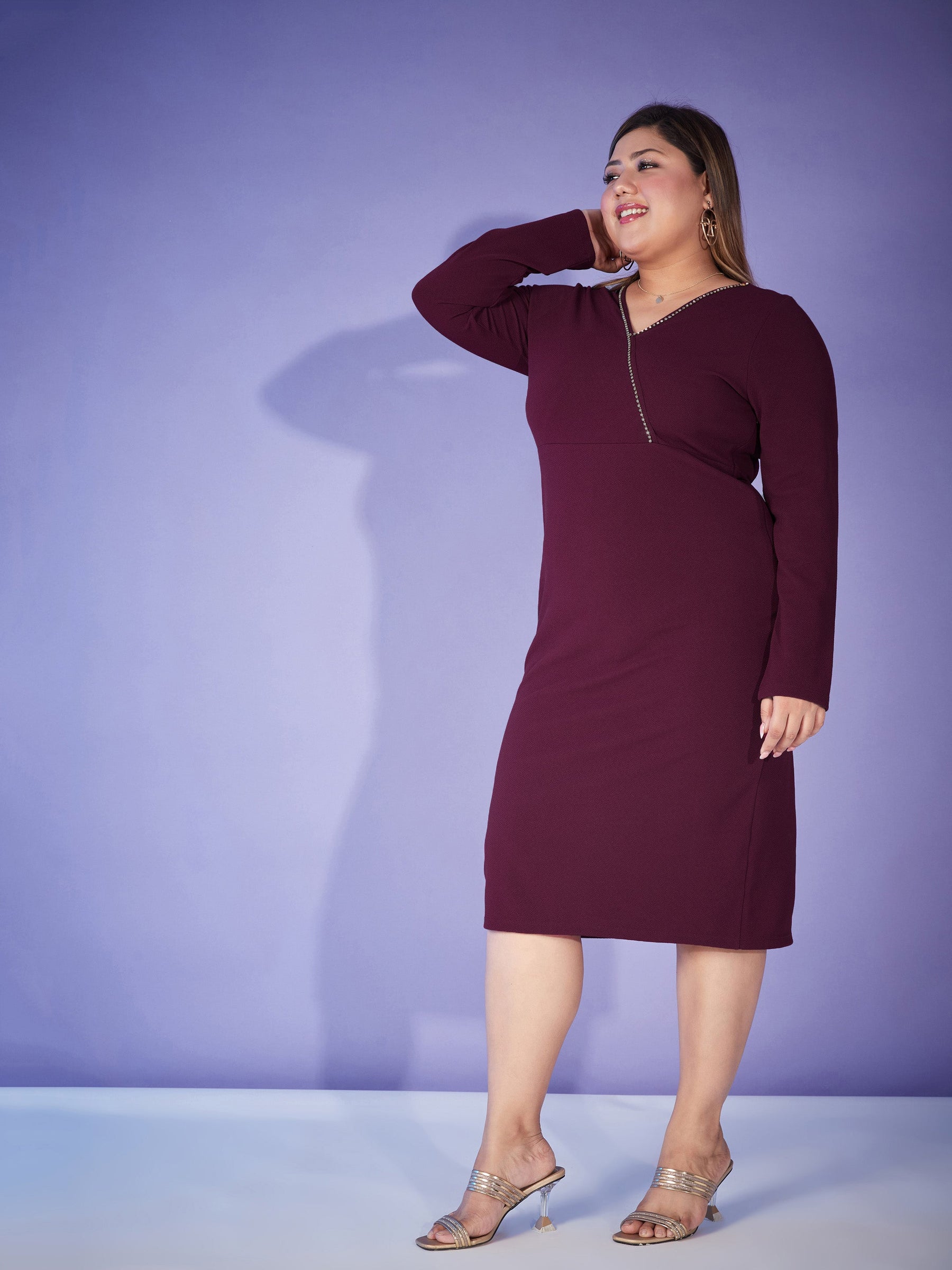 Burgundy Wrap Chain Detail Bodycon Dress-SASSAFRAS Curve
