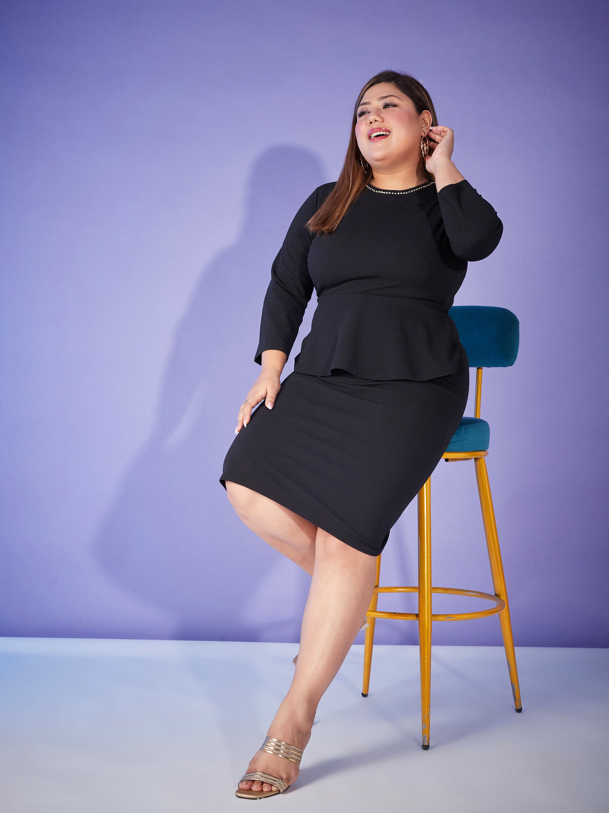 Black Peplum Bodycon Dress-SASSAFRAS Curve