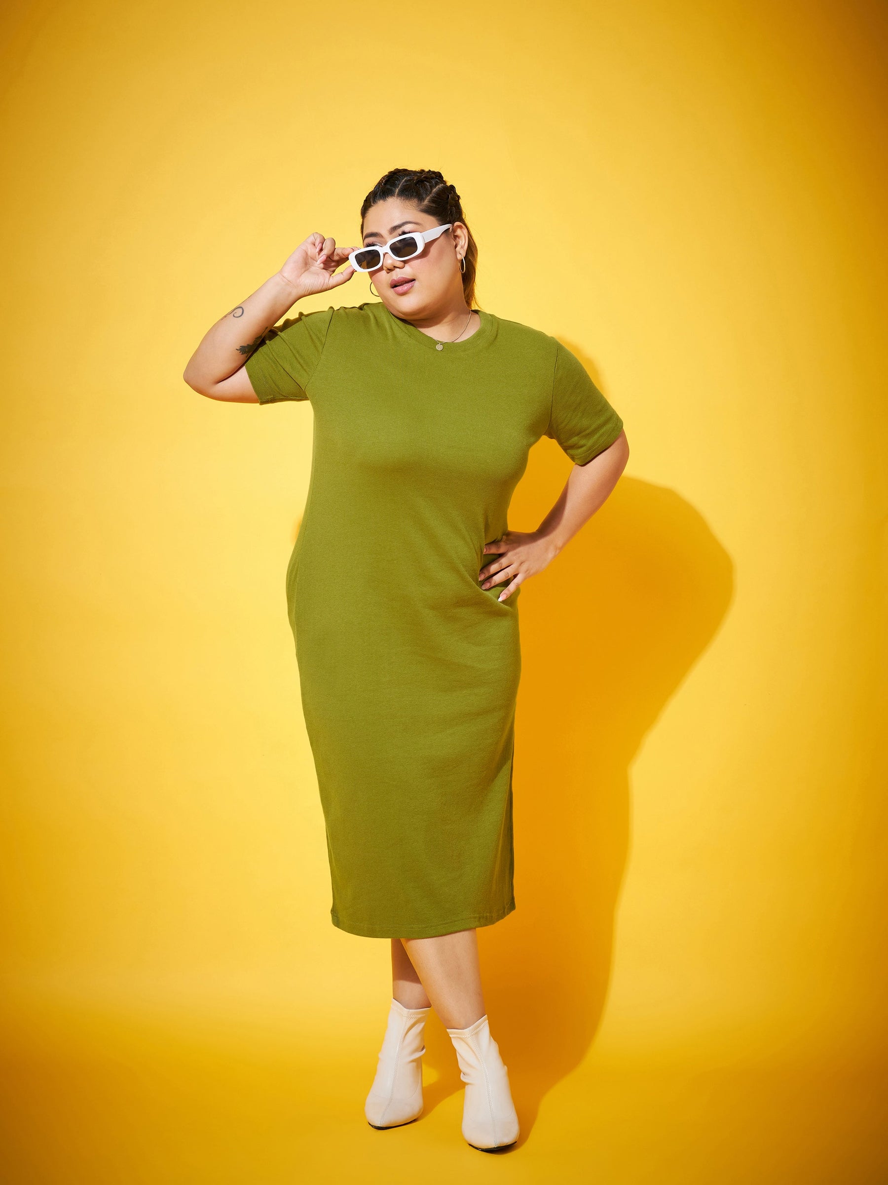 Olive Side Slit Straight Midi Dress-SASSAFRAS Curve