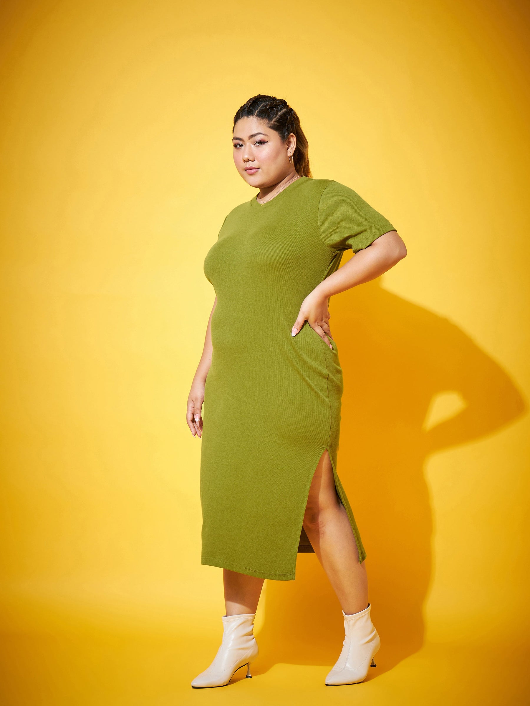 Olive Side Slit Straight Midi Dress-SASSAFRAS Curve