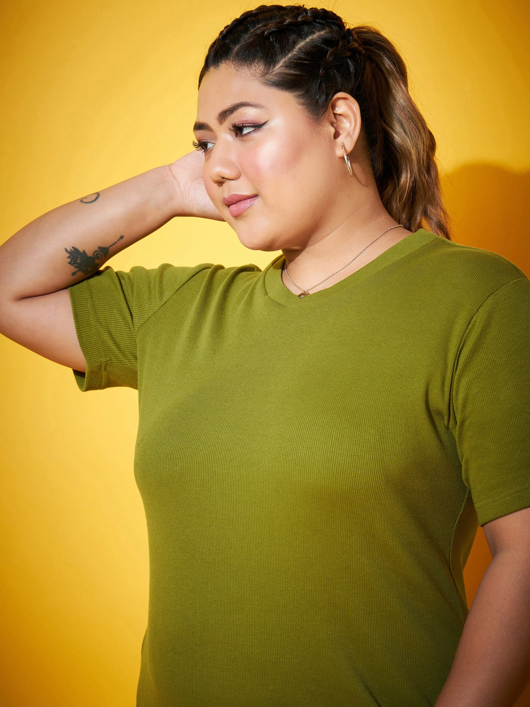 Olive Side Slit Straight Midi Dress-SASSAFRAS Curve