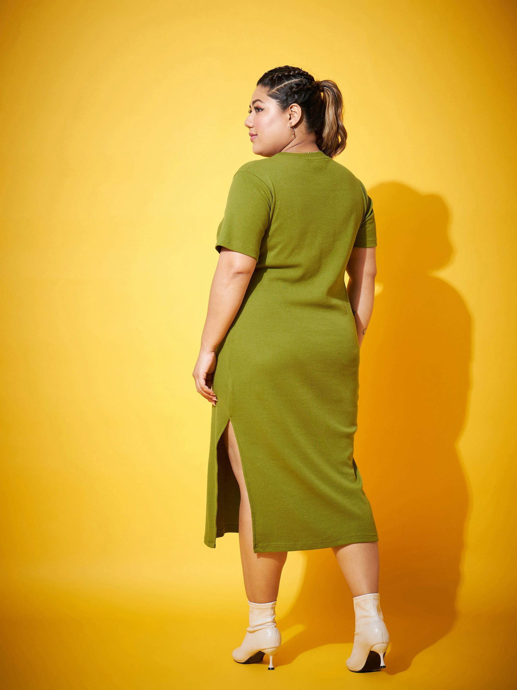 Olive Side Slit Straight Midi Dress-SASSAFRAS Curve