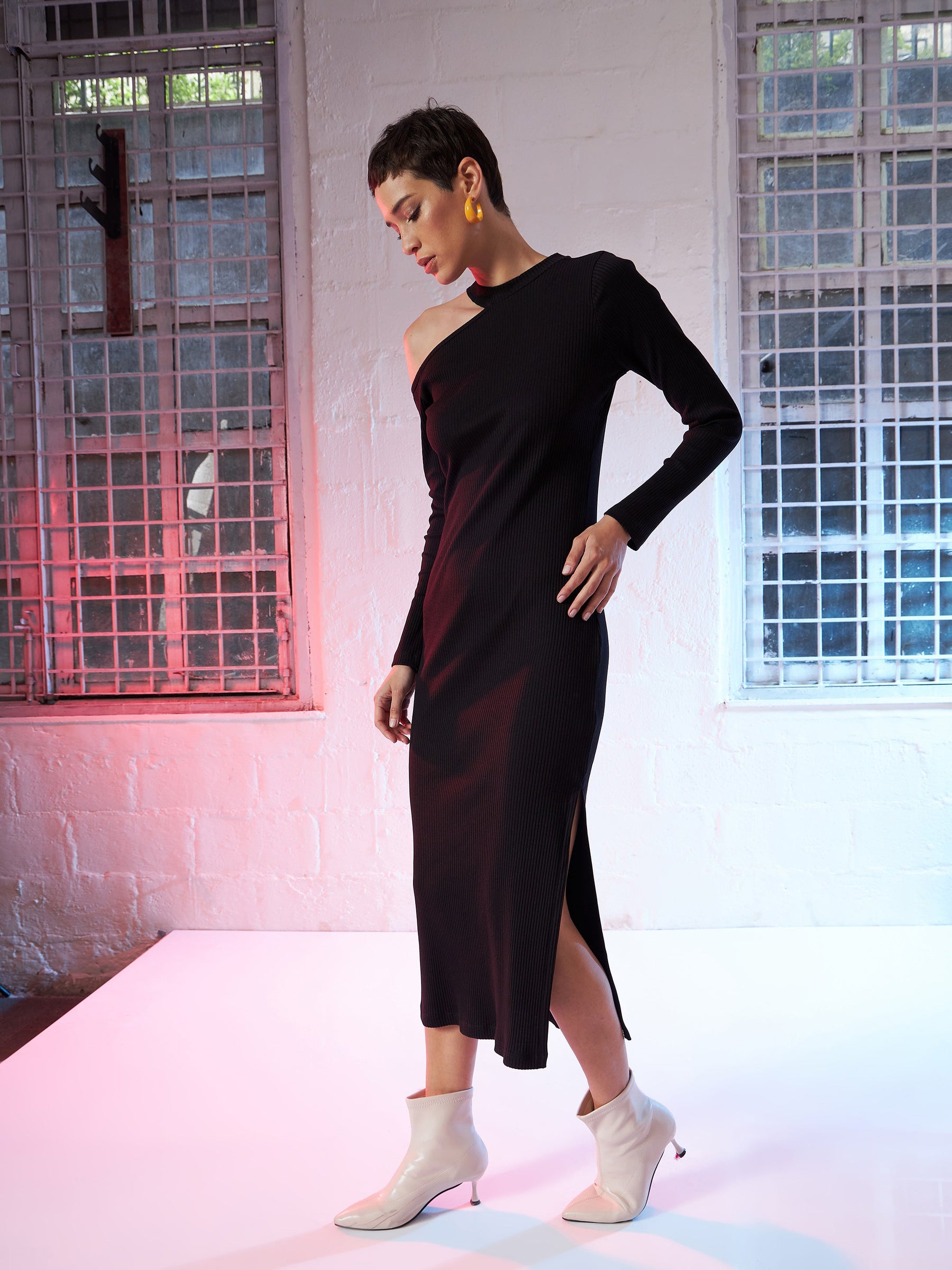 Black Rib High Neck Shoulder Cut Out Midi Dress-SASSAFRAS