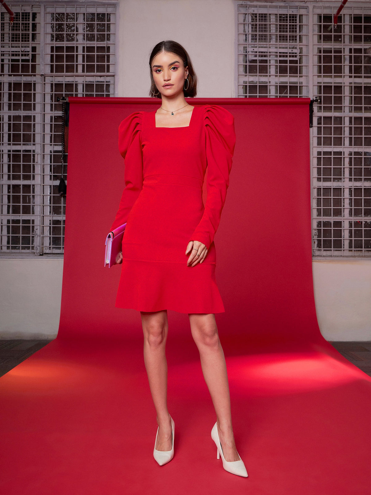 Red Puff Sleeves Frill Hem Bodycon Dress-SASSAFRAS