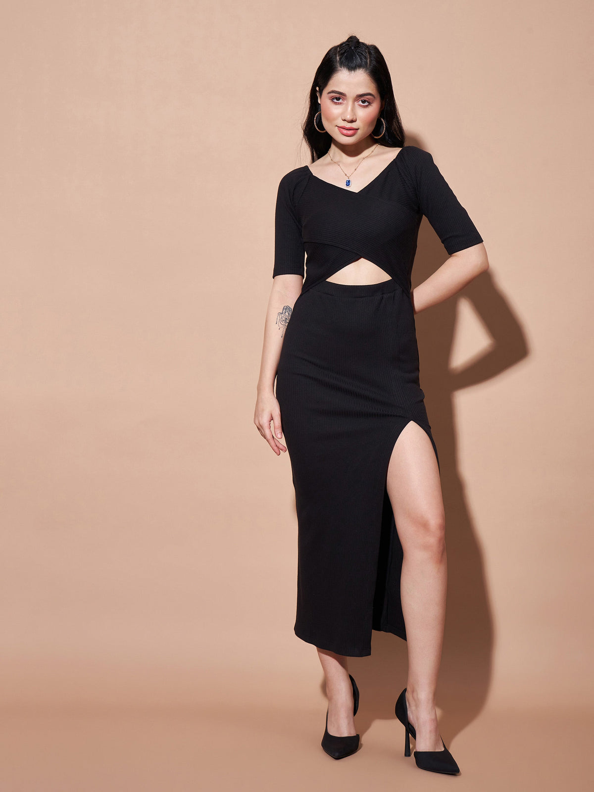 Black Side Slit V-Neck Rib Maxi Dress-SASSAFRAS BASICS