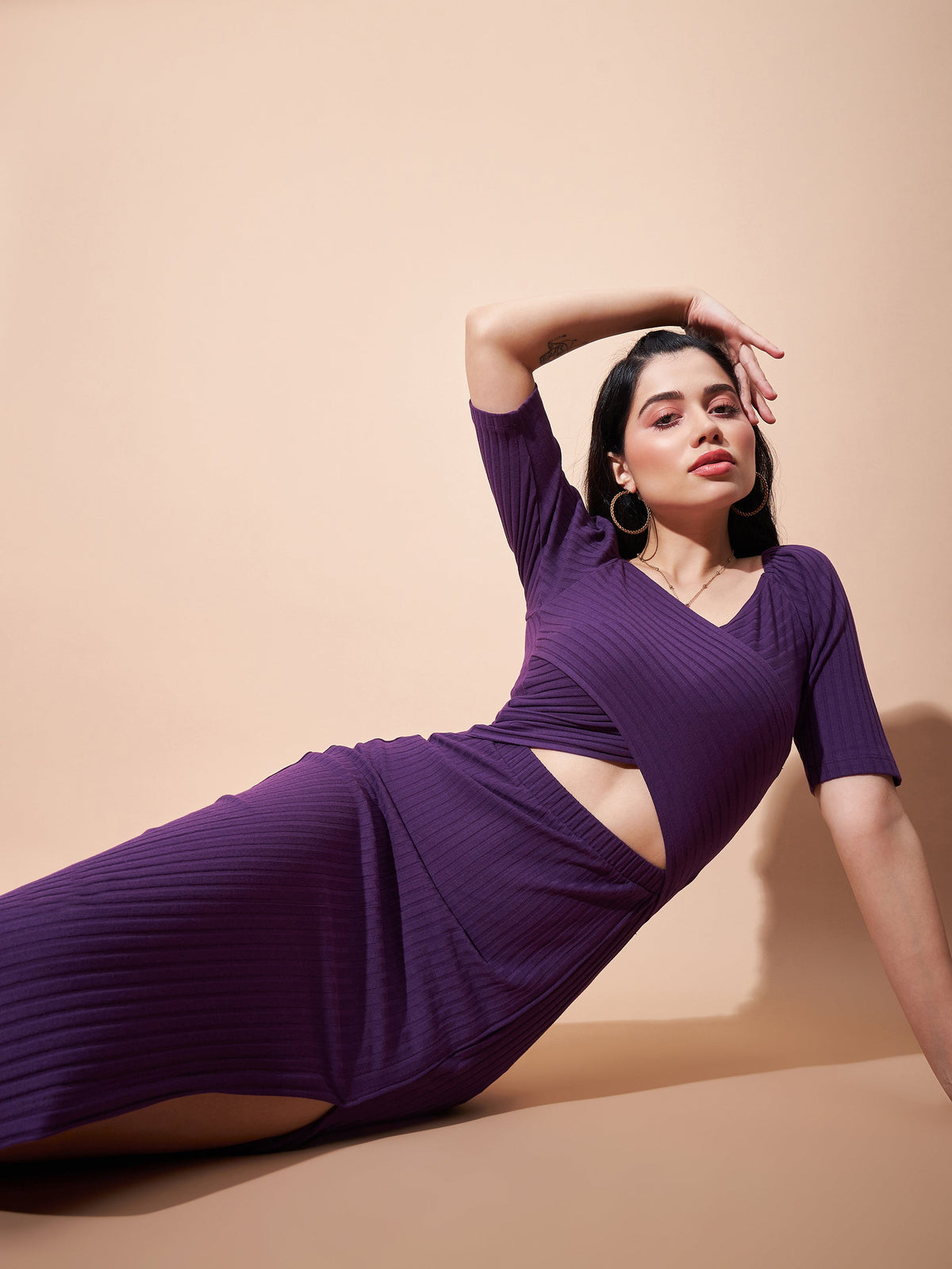 Purple Side Slit V-Neck Rib Maxi Dress-SASSAFRAS BASICS
