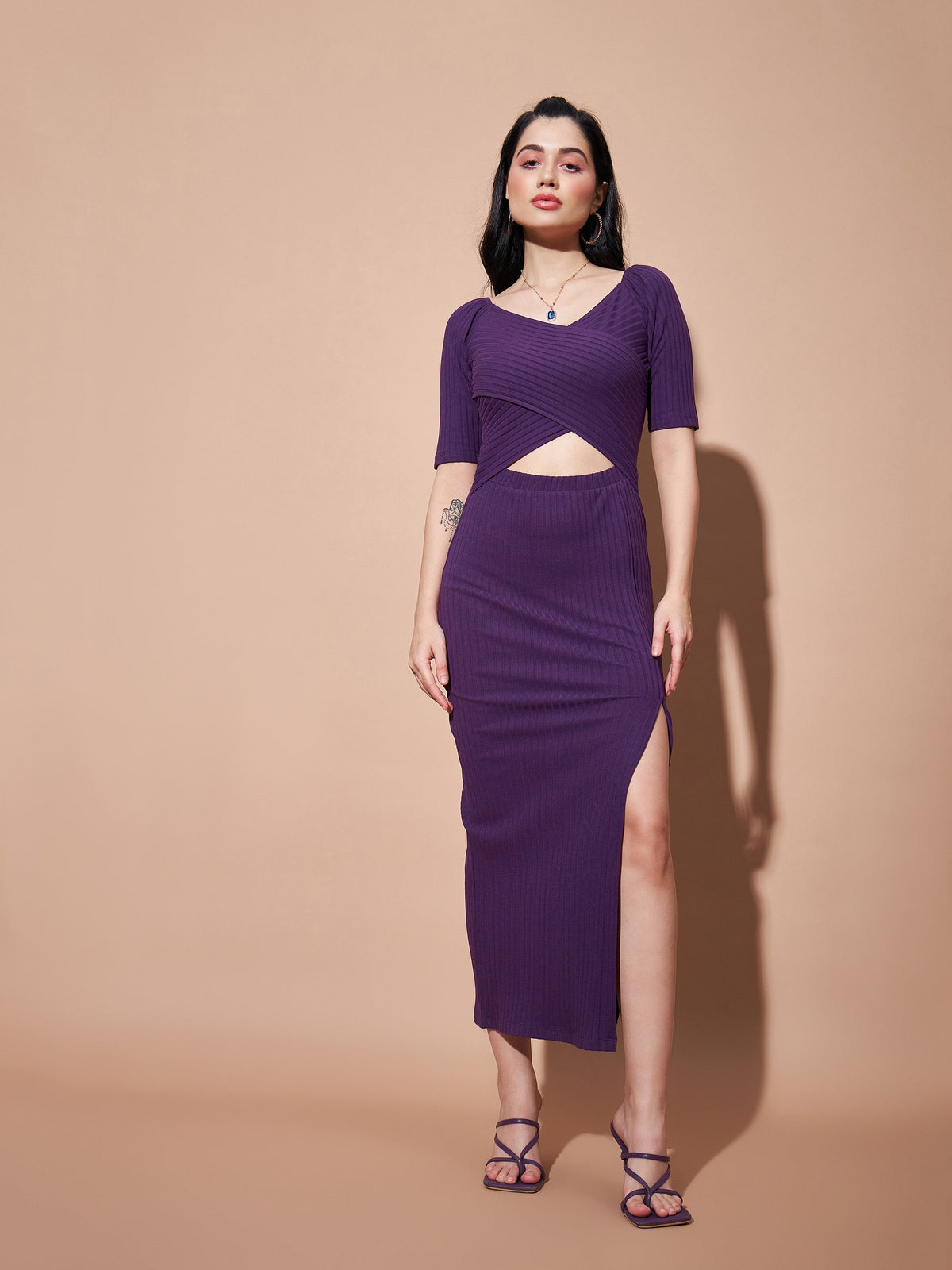 Purple Side Slit V-Neck Rib Maxi Dress-SASSAFRAS BASICS