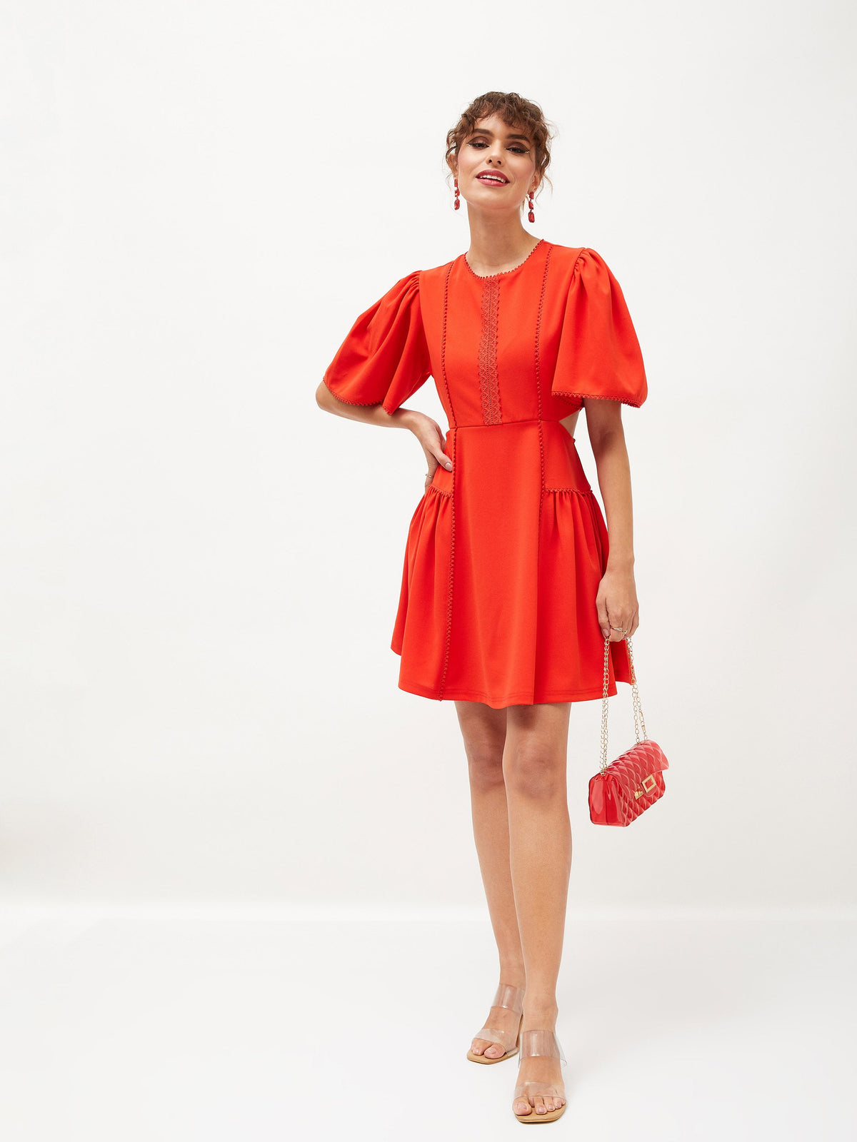 Orange Side Cut Out Skater Dress-SASSAFRAS