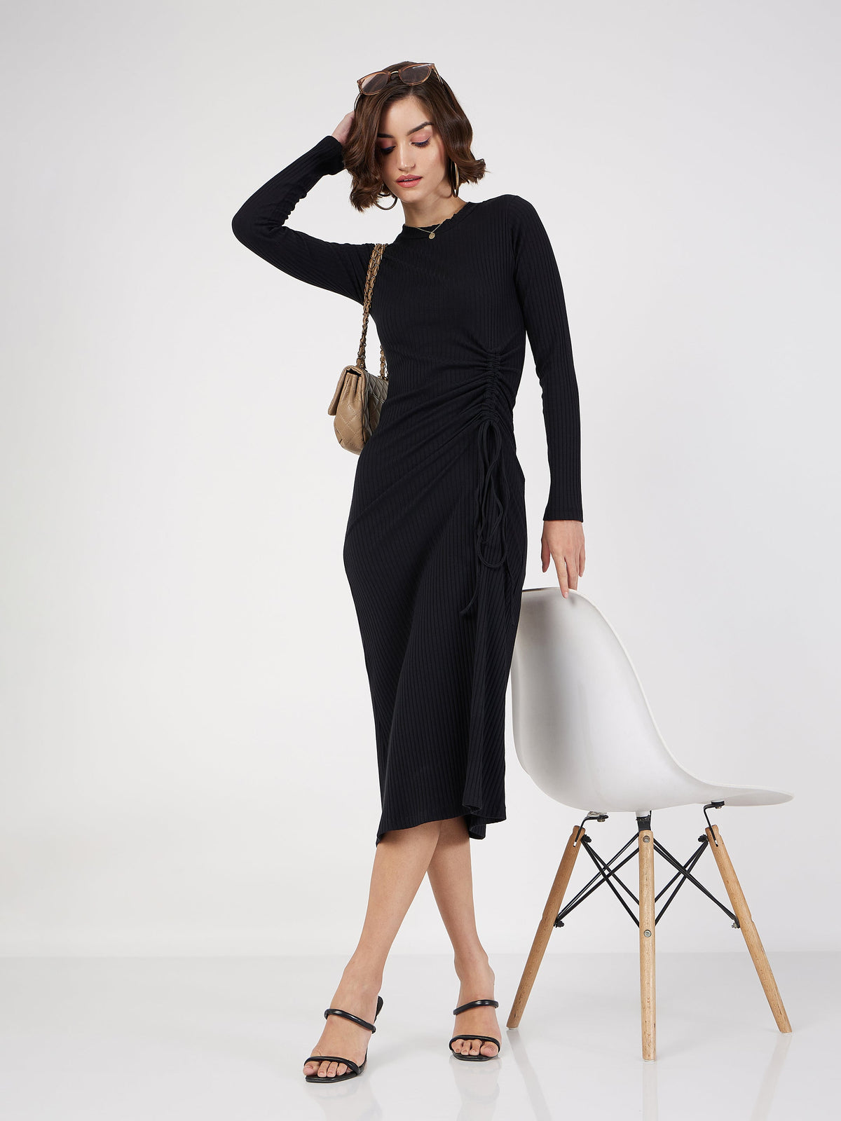 Black Rib Side Ruched Bodycon Midi Dress-SASSAFRAS