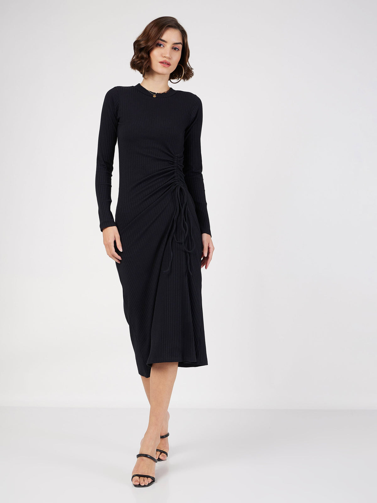 Black Rib Side Ruched Bodycon Midi Dress-SASSAFRAS