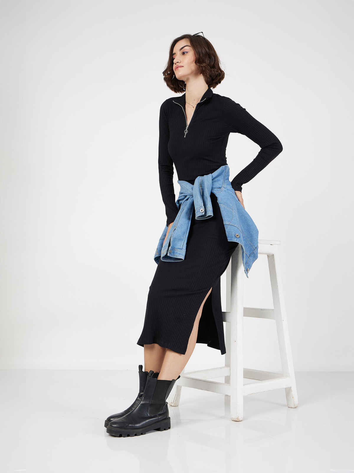 Black Rib High Neck Front Zipper Dress-SASSAFRAS