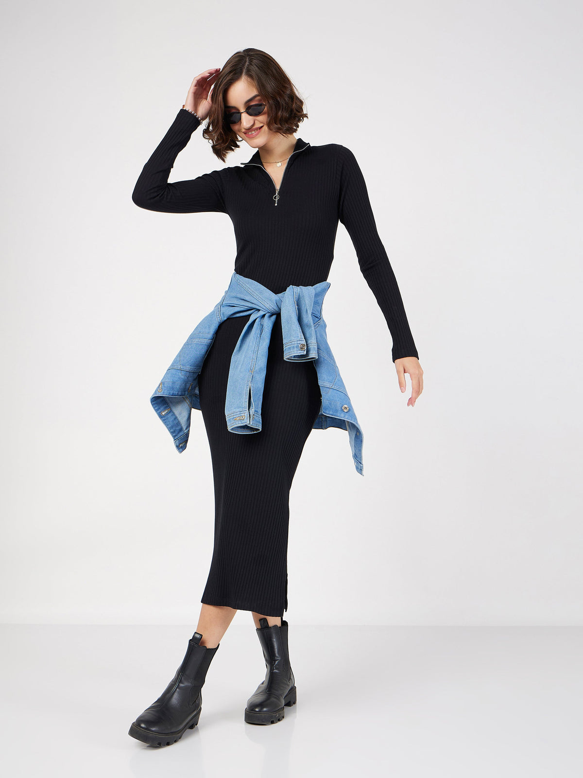 Black Rib High Neck Front Zipper Dress-SASSAFRAS
