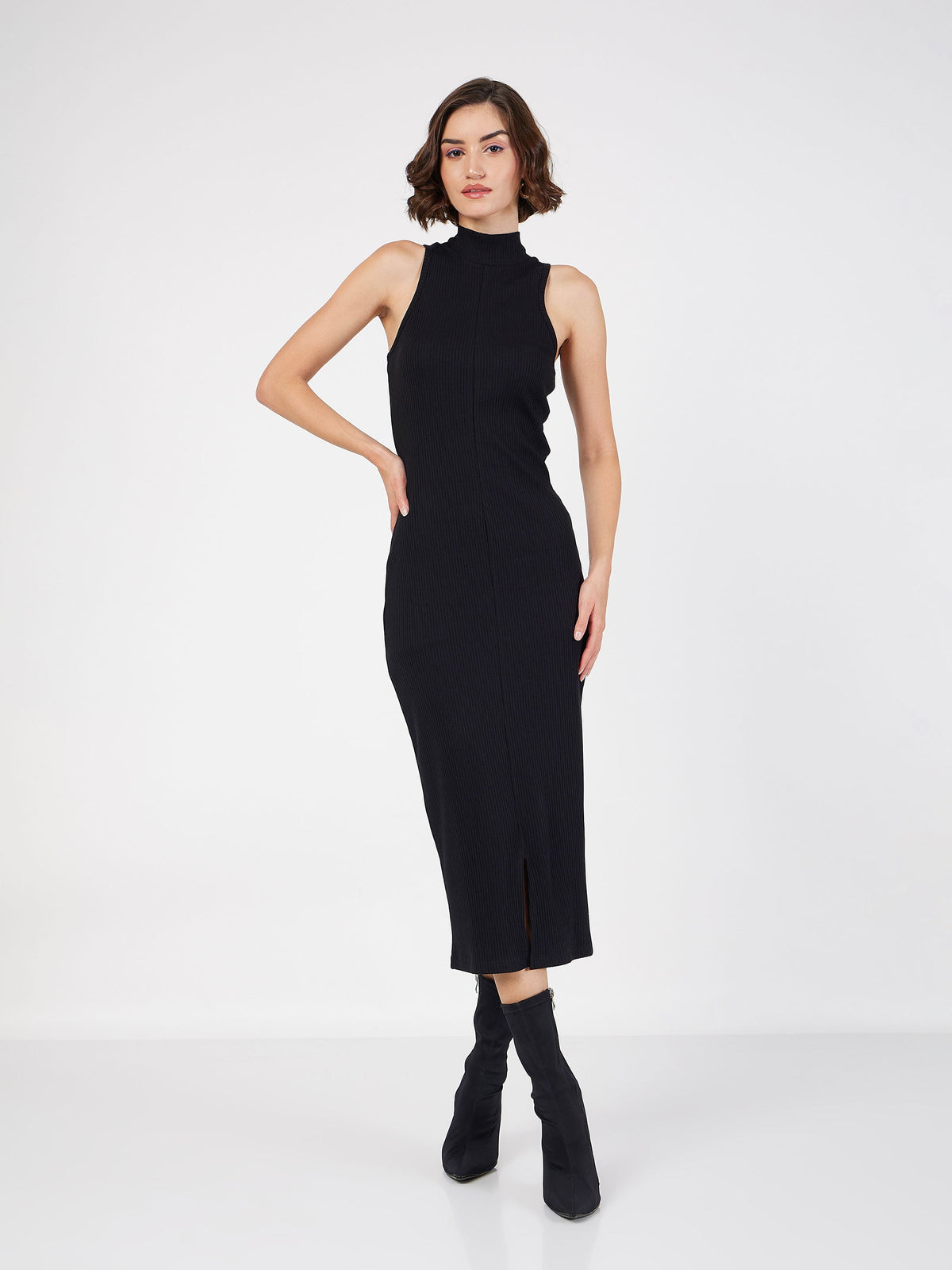 Black Rib Turtle Neck Sleeveless Midi Dress-SASSAFRAS