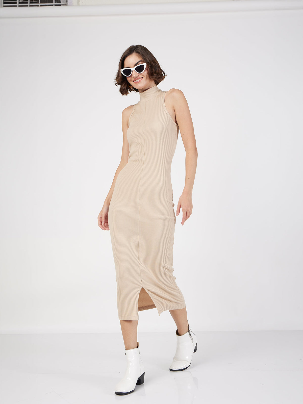 Beige Rib Turtle Neck Sleeveless Midi Dress-SASSAFRAS