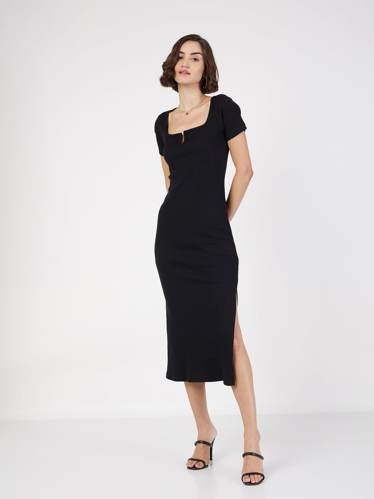 Black Rib V-Neck Midi Dress-SASSAFRAS