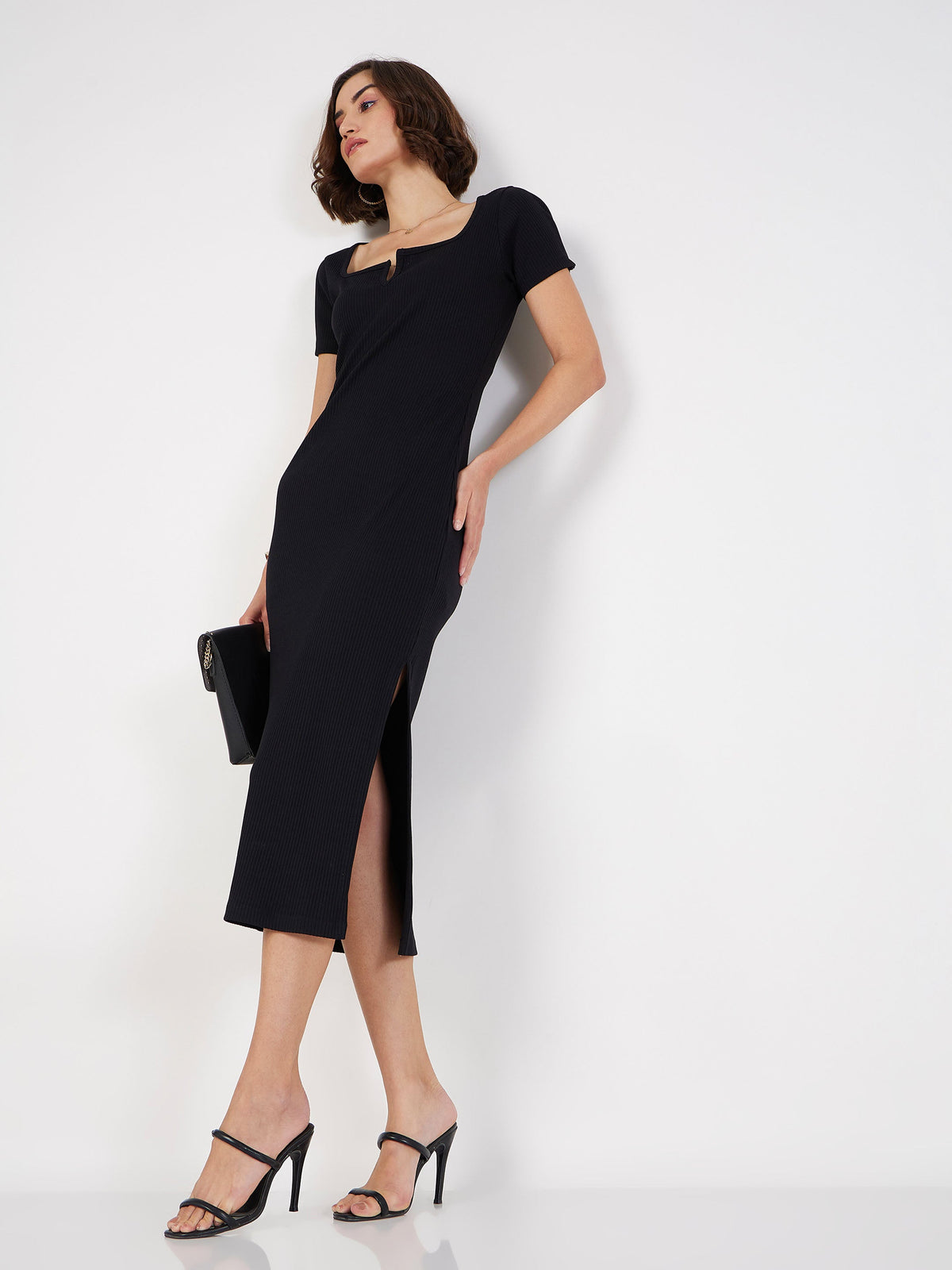 Black Rib V-Neck Midi Dress-SASSAFRAS