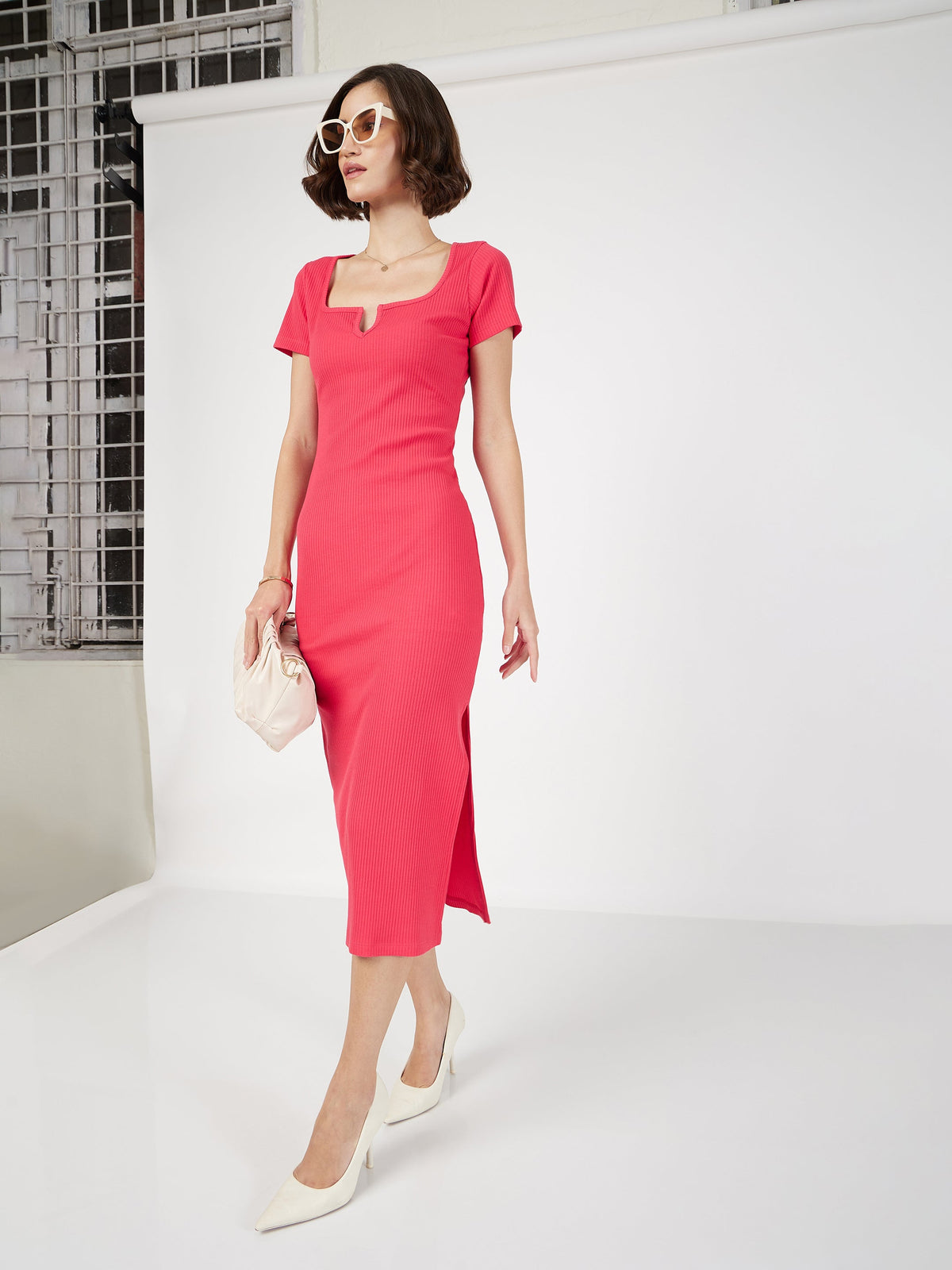 Magenta Rib V-Neck Midi Dress-SASSAFRAS