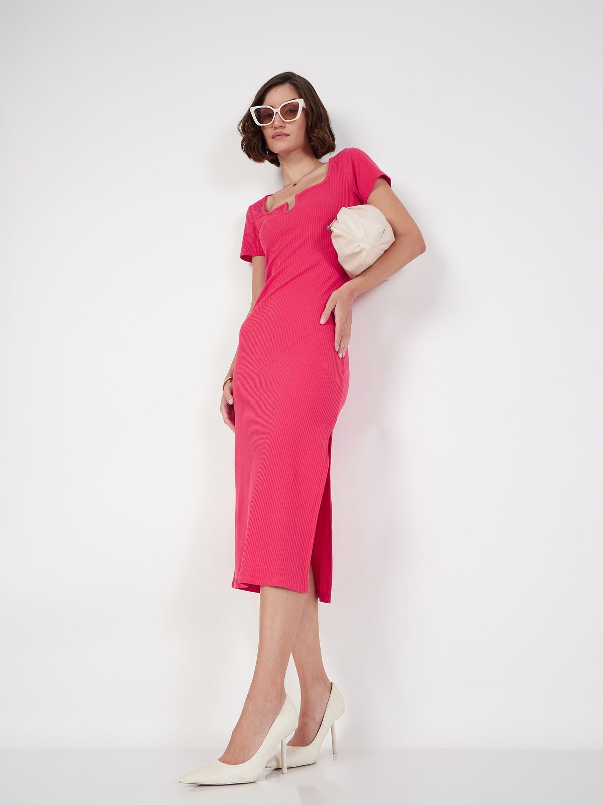 Magenta Rib V-Neck Midi Dress-SASSAFRAS