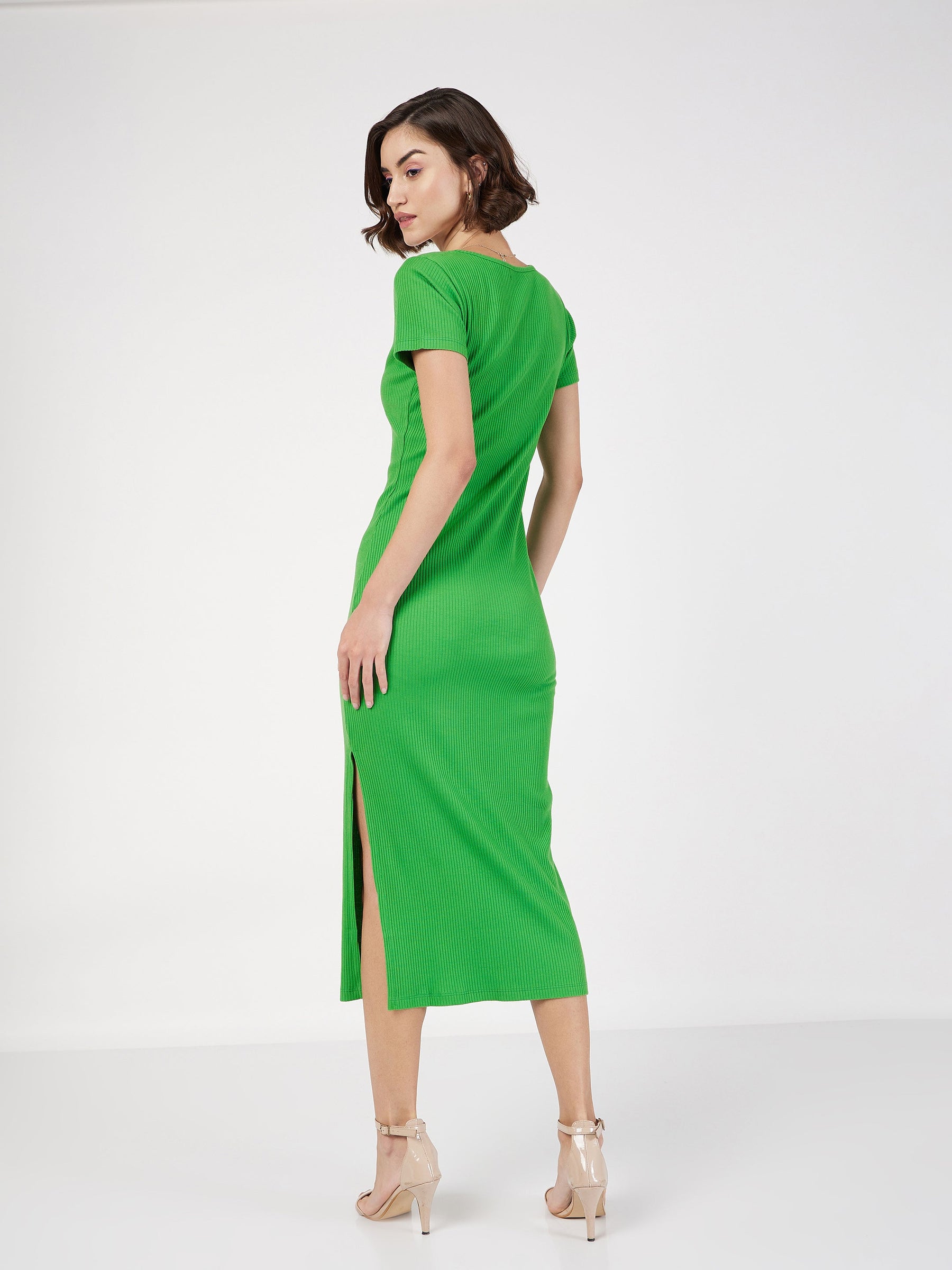 Green Rib V-Neck Midi Dress-SASSAFRAS