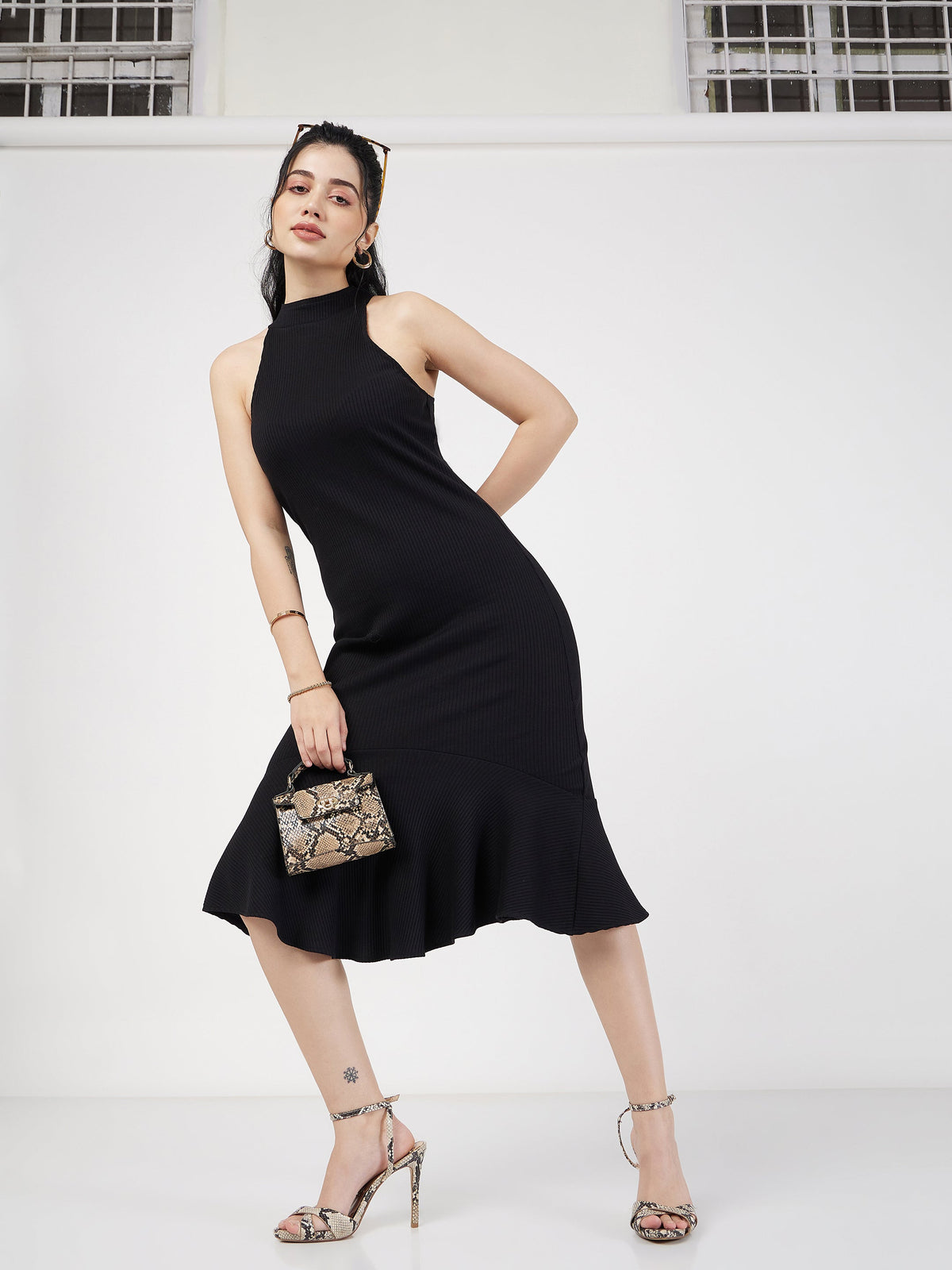 Black Rib Fish Frill Bodycon Midi Dress-SASSAFRAS