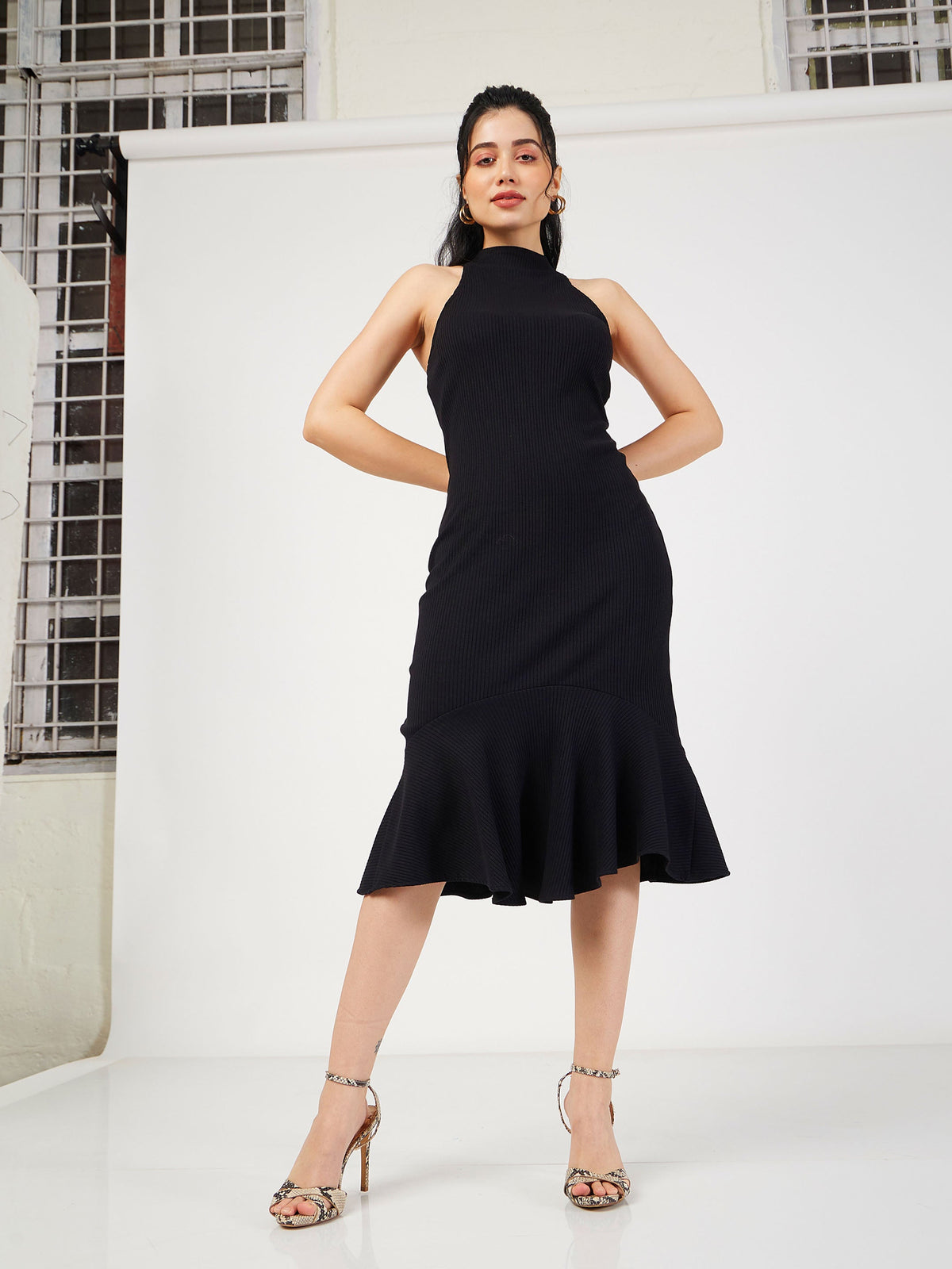 Black Rib Fish Frill Bodycon Midi Dress-SASSAFRAS