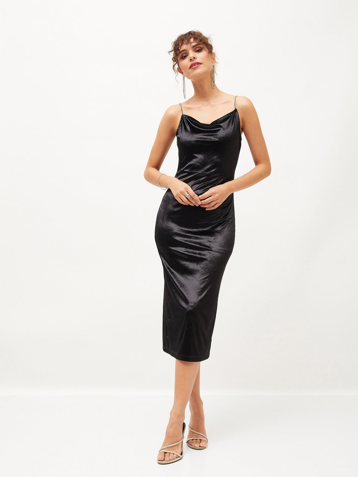 Black Velvet Cowl Neck Bodycon Dress-SASSAFRAS