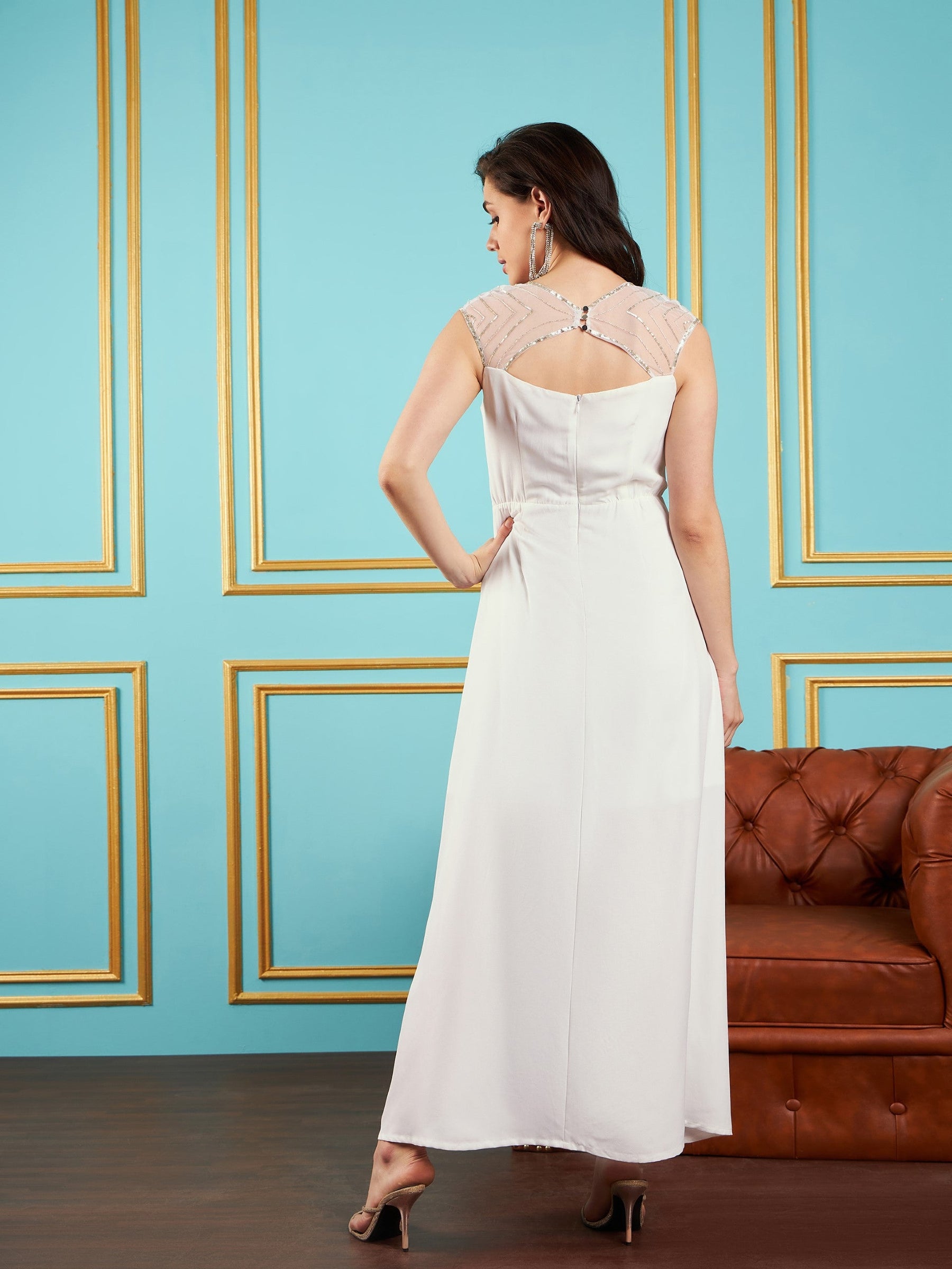 White Embellished Back Cut-Out Maxi Dress -SASSAFRAS