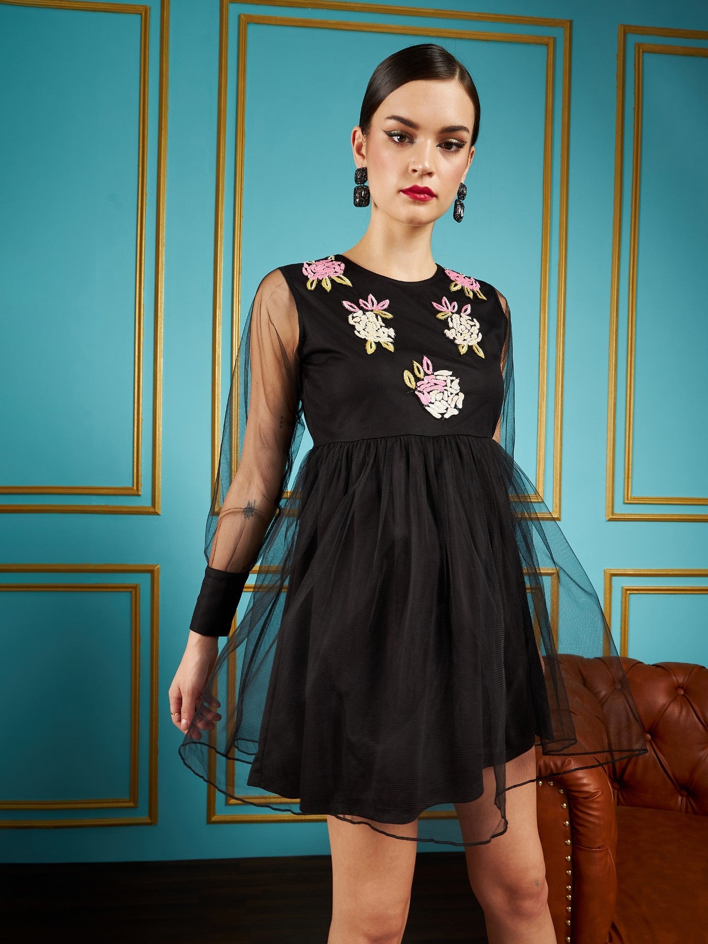 Buy Women Black Front Embellished Mesh Skater Dress Online at Best Price - Sassafras Buy Women Black Front Embellished Mesh Skater Dress Online at Best Price - Sassafras