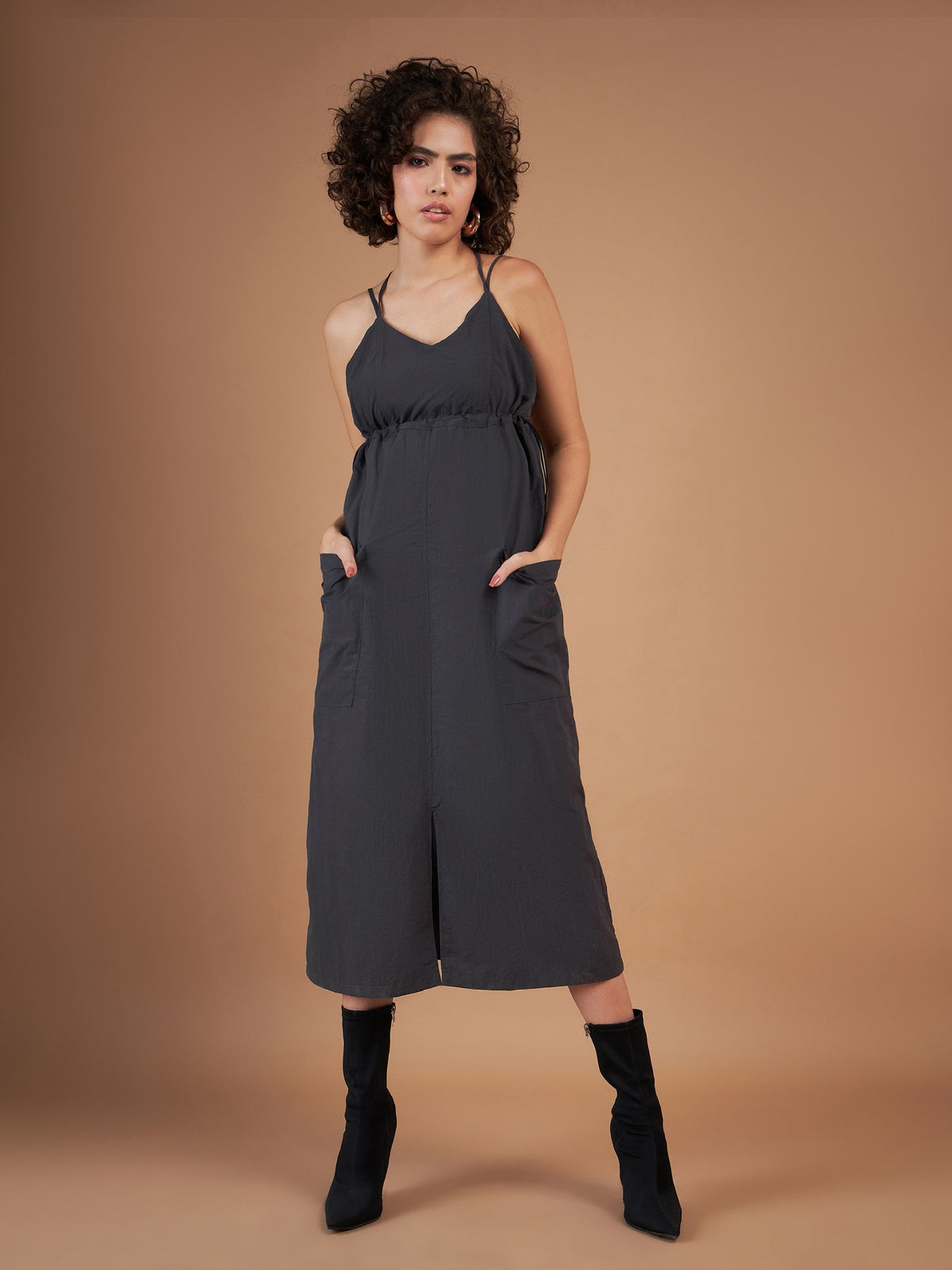 Dark Grey Front Pockets Parachute Dungaree Dress-SASSAFRAS