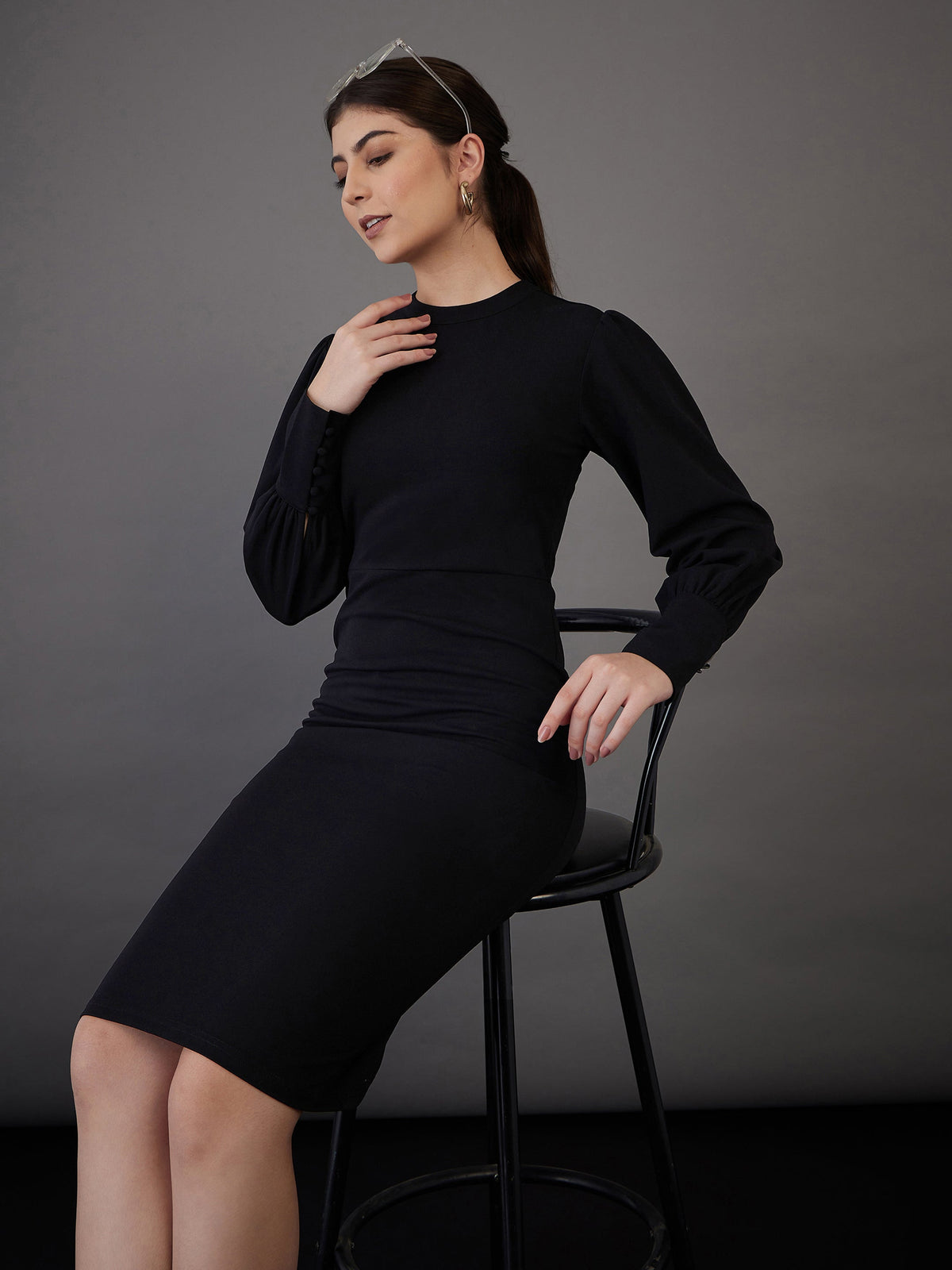 Black Puff Sleeves Bodycon Midi Dress-SASSAFRAS worklyf