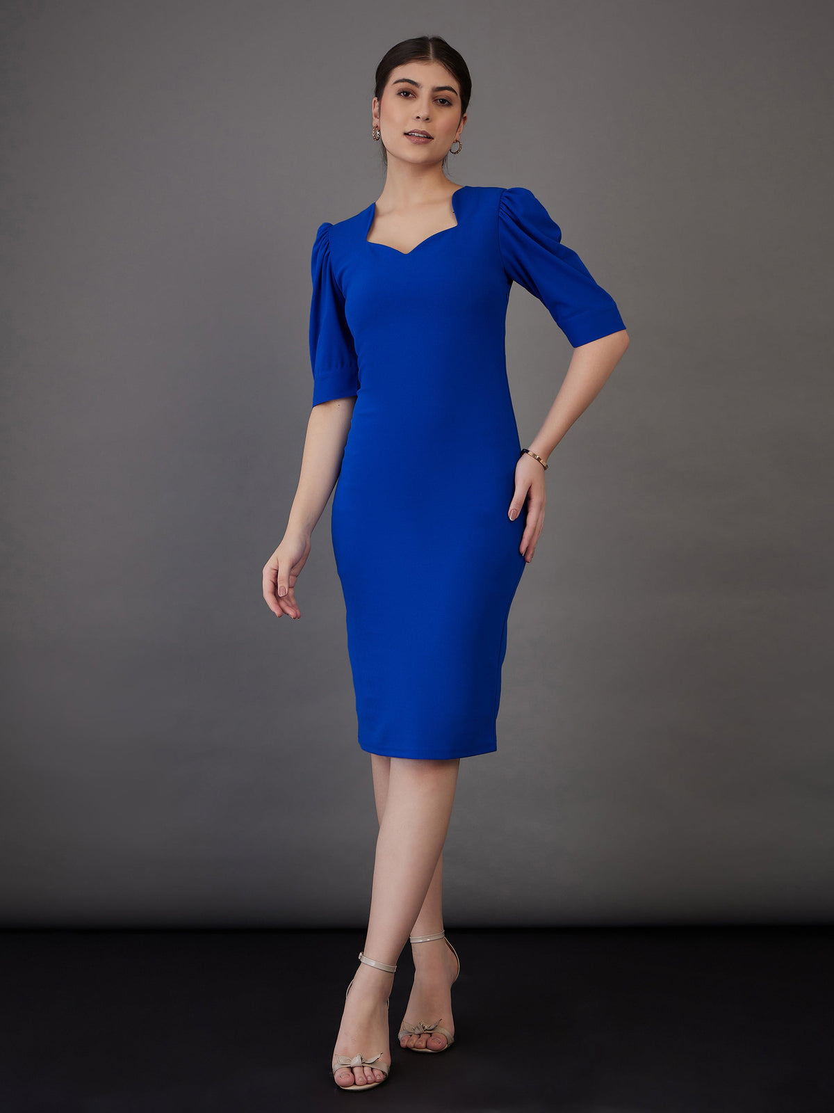 Royal Blue Sweetheart Neck Bodycon Midi Dress-SASSAFRAS worklyf